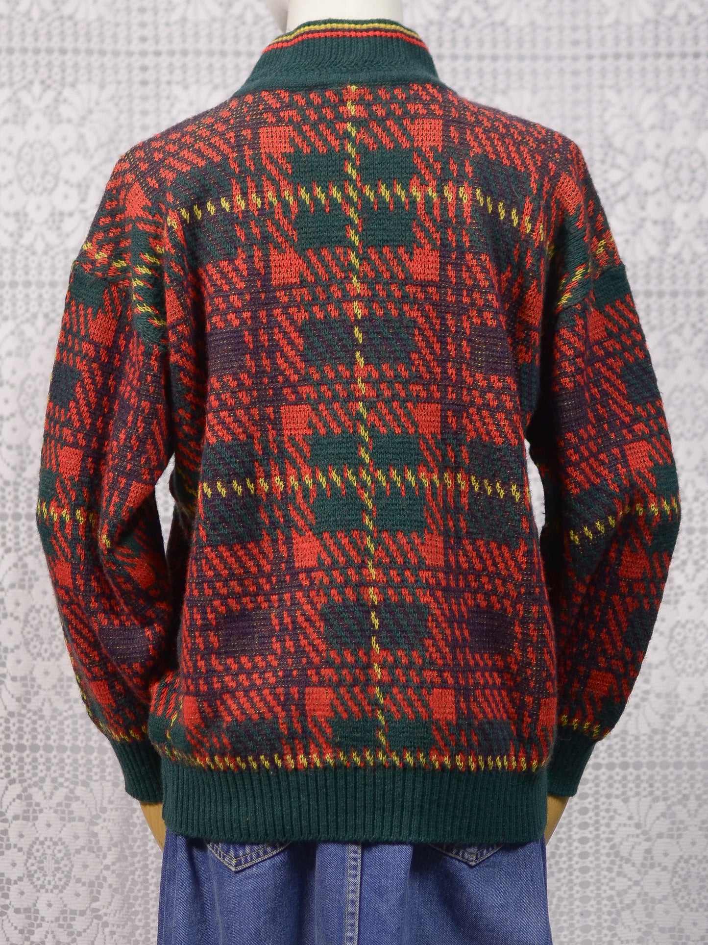 1970s red, green and yellow tartan high neck jumper