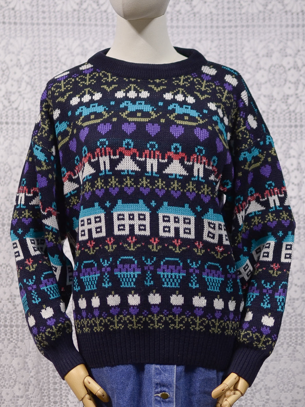1980s navy blue, purple and blue novelty folk pattern jumper