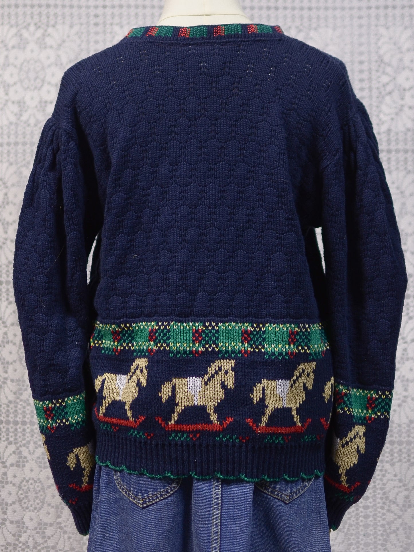 1990s Sweater Loft navy and green rocking horse novelty festive jumper