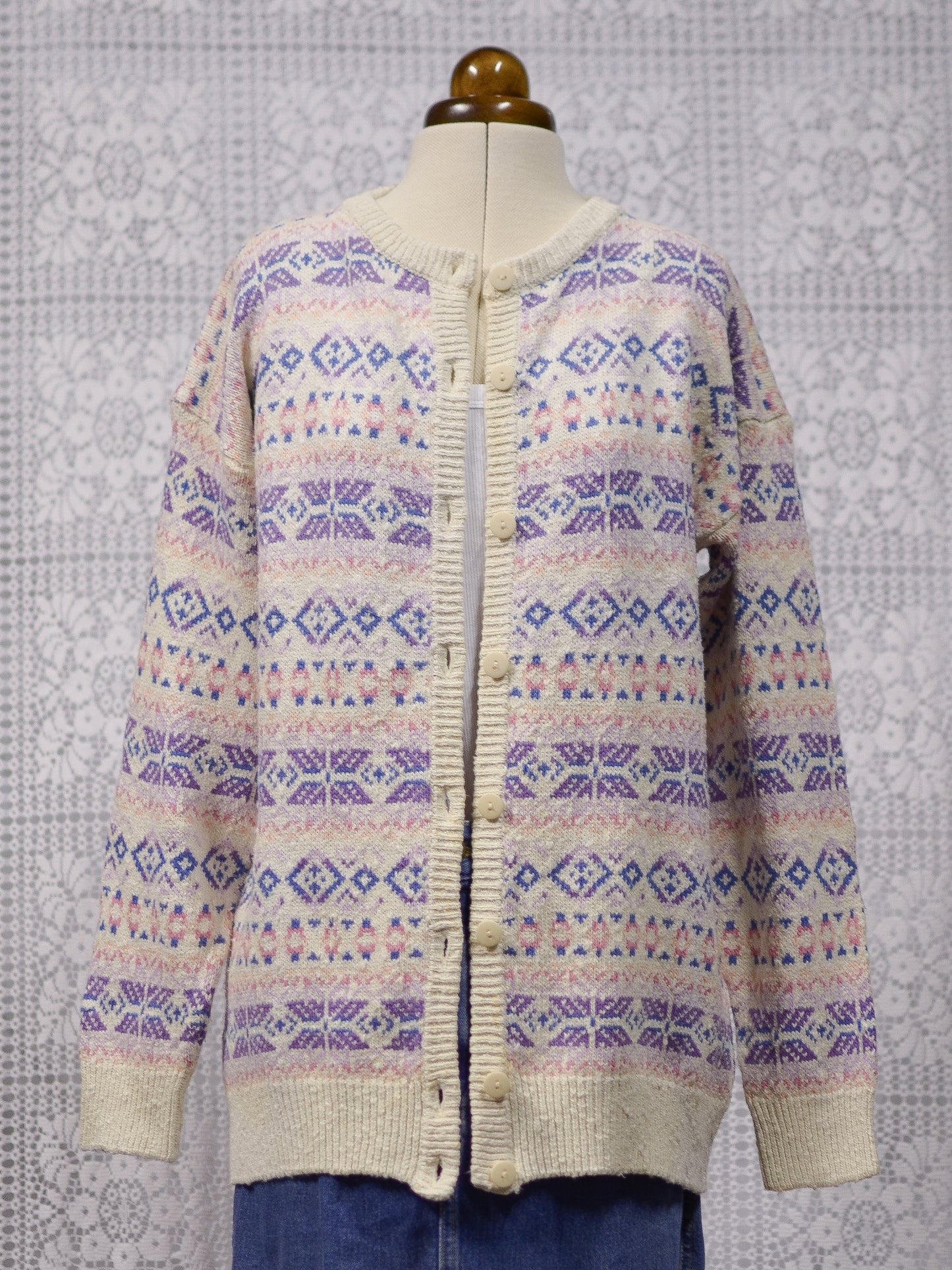 1990s Compliments cream, pink and lilac festive snowflake cosy cotton cardigan