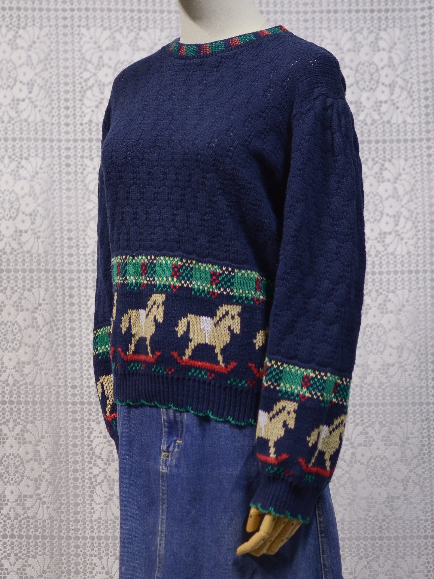 1990s Sweater Loft navy and green rocking horse novelty festive jumper