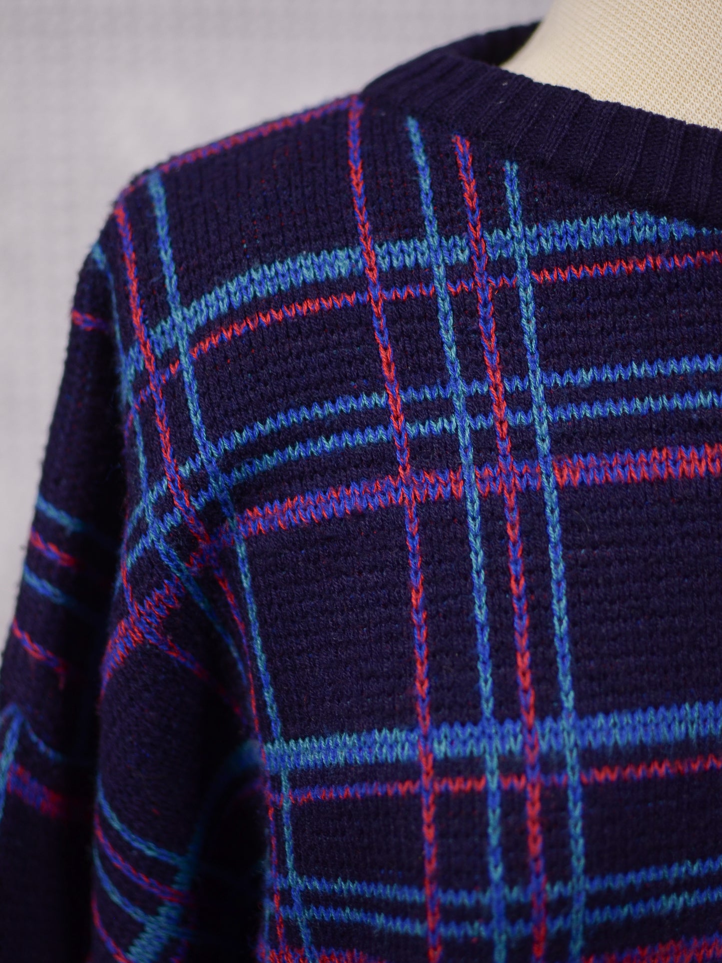 1980s navy, pink and light blue checked and rose floral pattern jumper