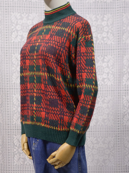 1970s red, green and yellow tartan high neck jumper