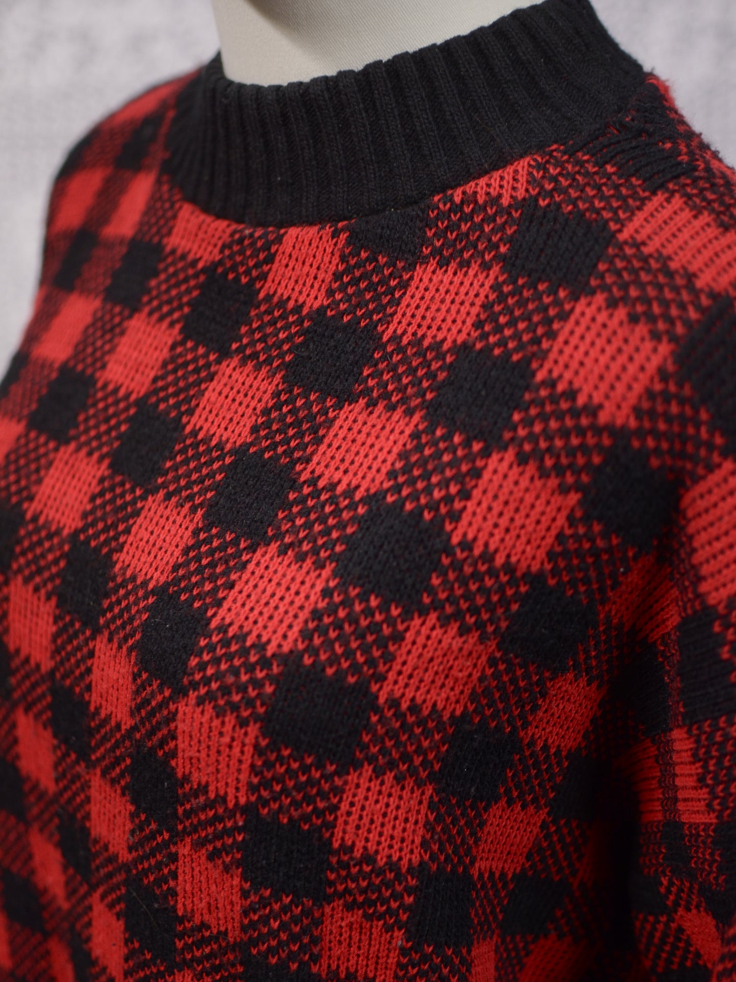 1990s red and black gingham plaid diamond argyle pattern jumper