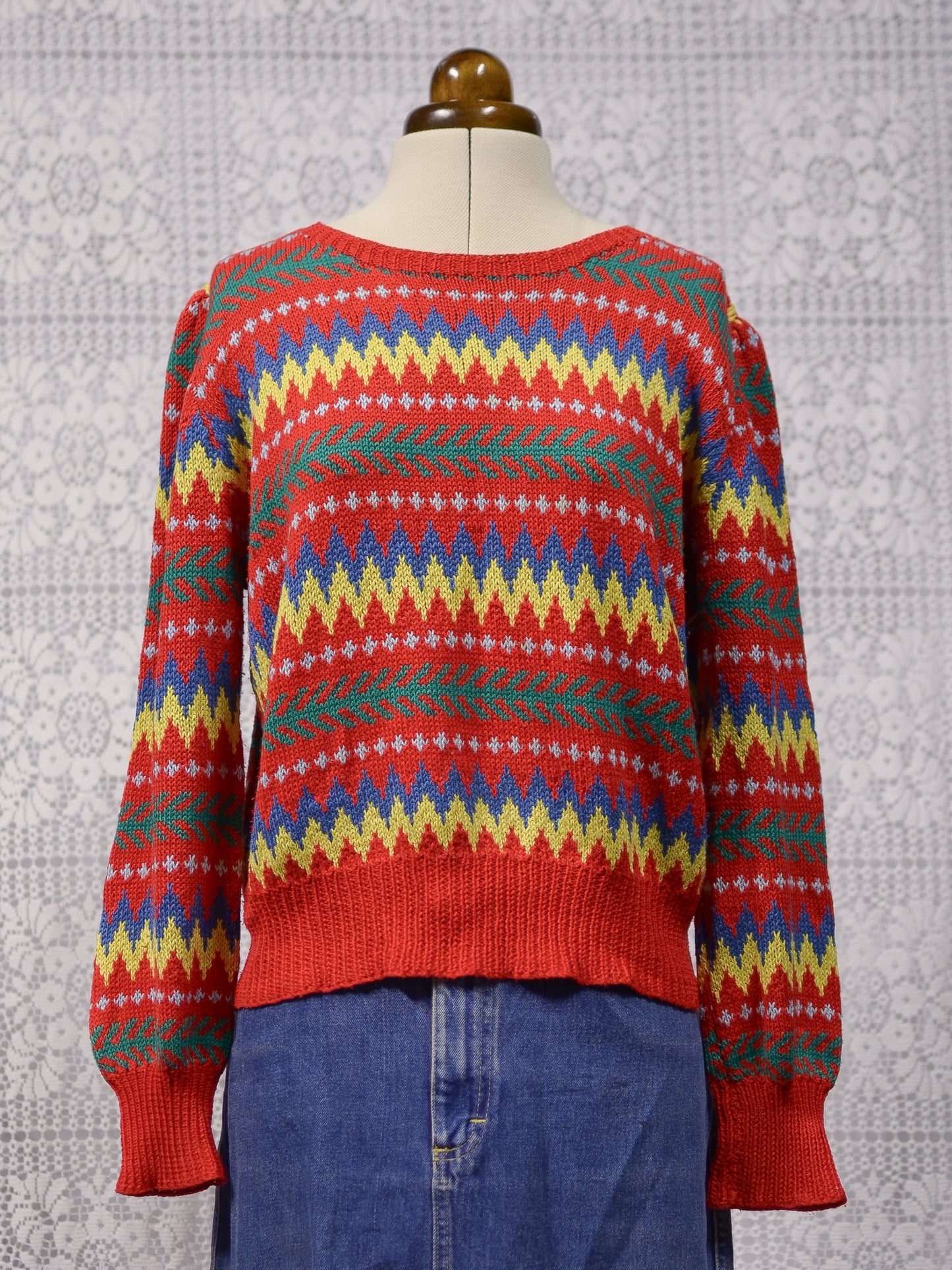 1970s 80s Edina and Lena red, yellow, green and blue hand knitted zigzag cotton jumper