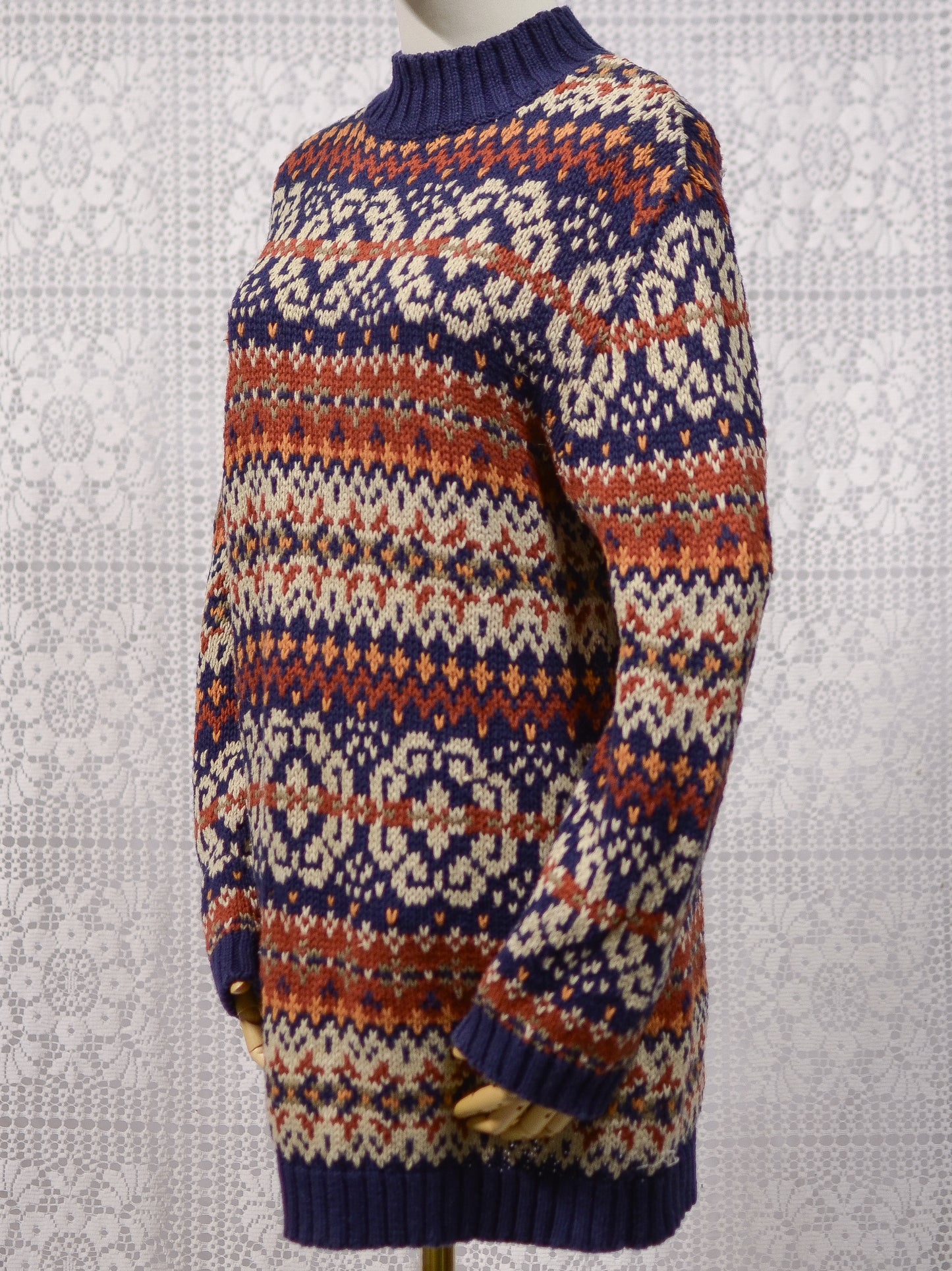 Y2K Etam navy blue and brown cotton ramie long chunky jumper