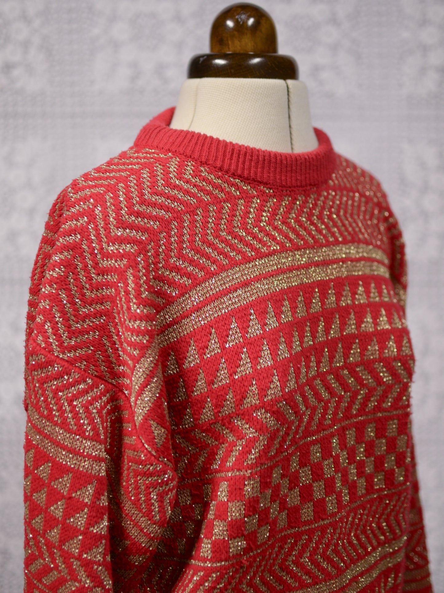 1980s red and gold batwing festive geometric striped jumper