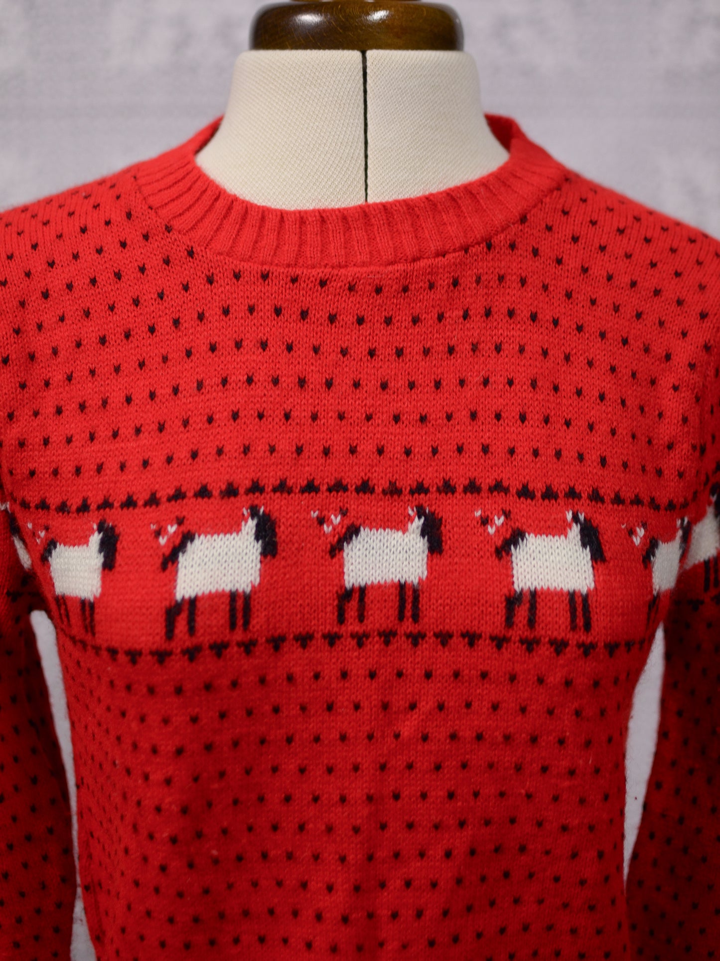 1970s red, white and black sheep and spotty pattern fitted jumper