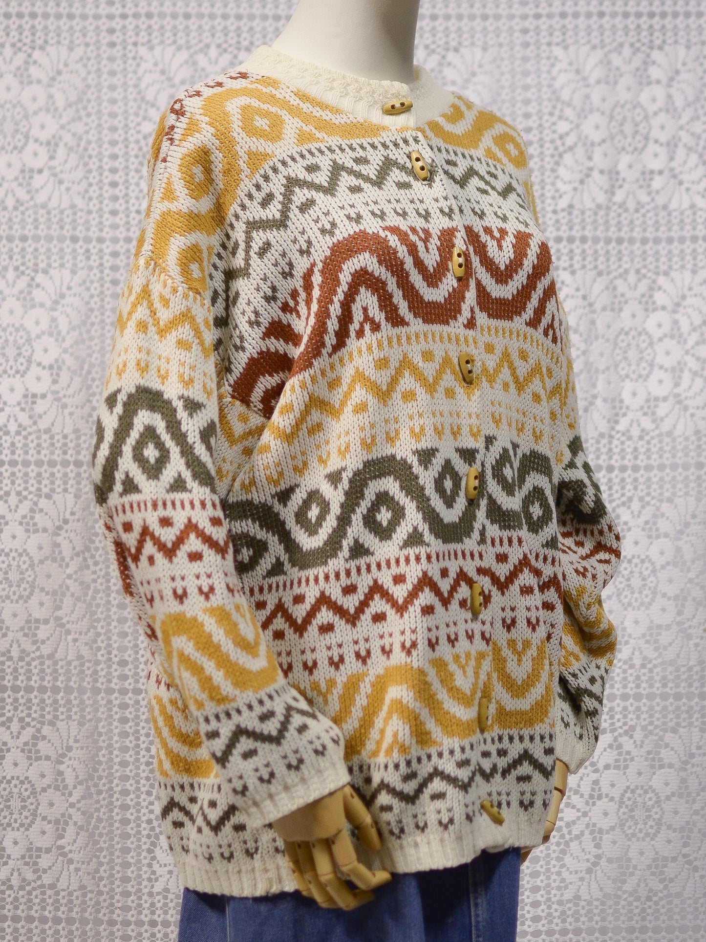 1980s Honeybells brown, green, mustard yellow and cream geometric pattern long cardigan