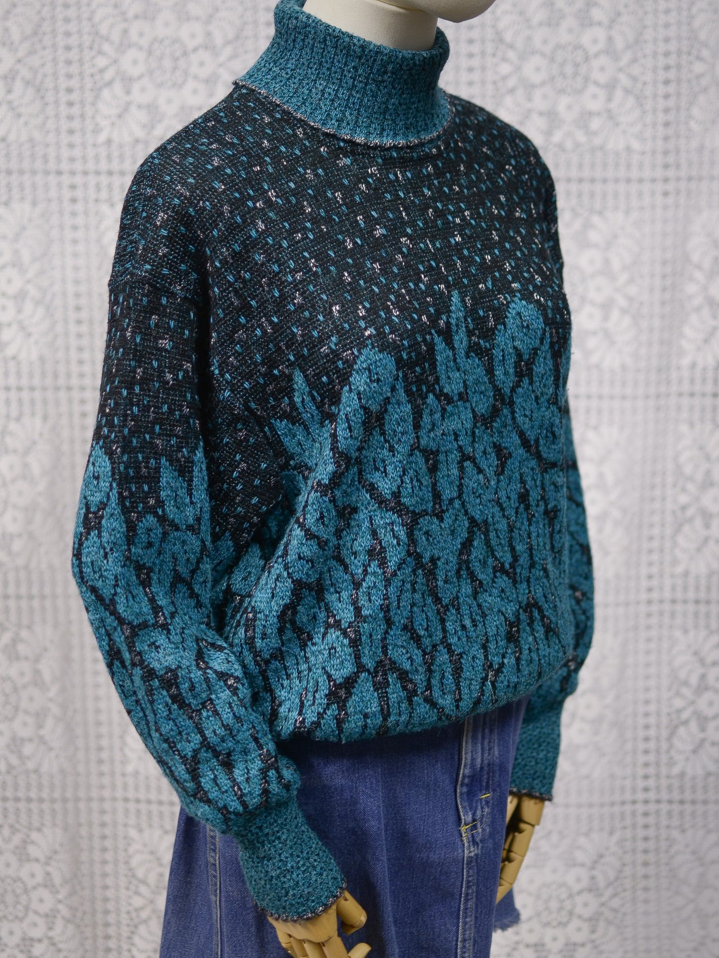 1980s teal, black and silver roll neck batwing jumper
