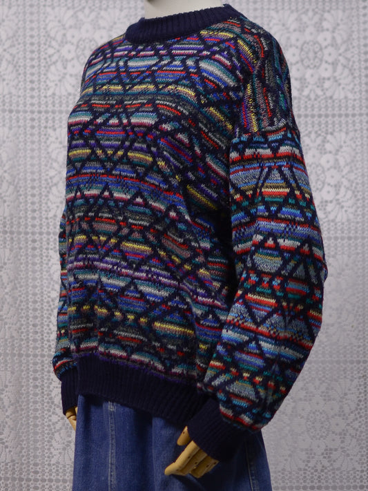 1990s Italian navy blue rainbow geometric pattern jumper