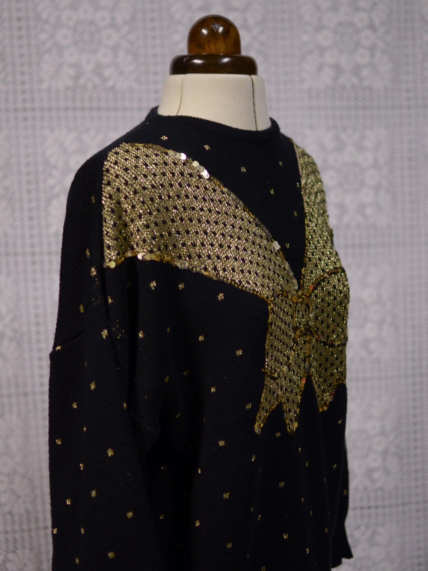 1980s black and gold glittery sequin bow jumper