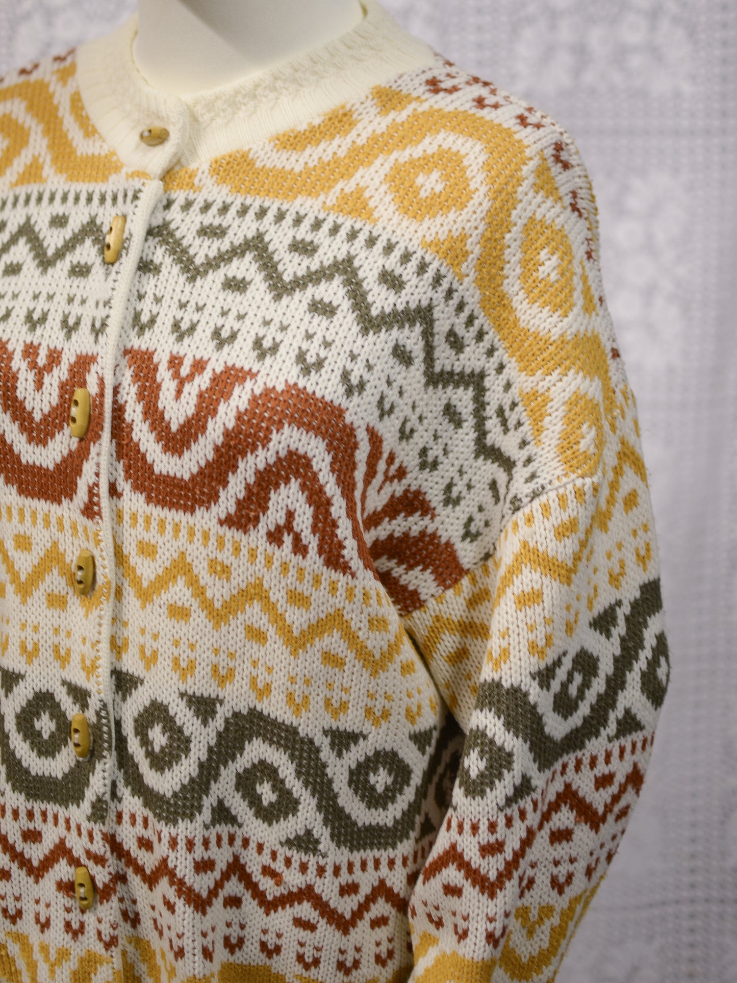 1980s Honeybells brown, green, mustard yellow and cream geometric pattern long cardigan