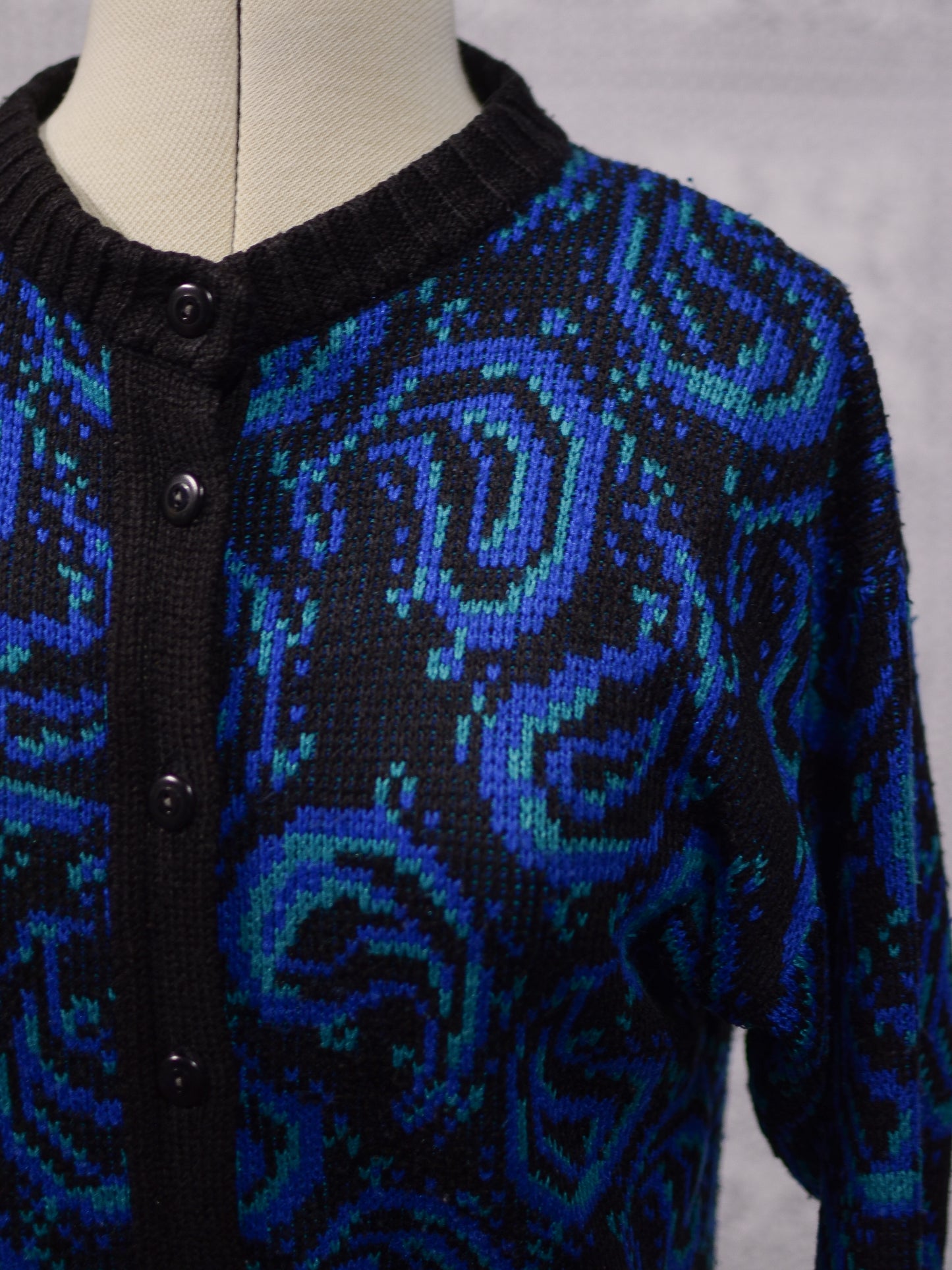 1980s St Michael black, blue and green paisley pattern button-through crew neck cardigan