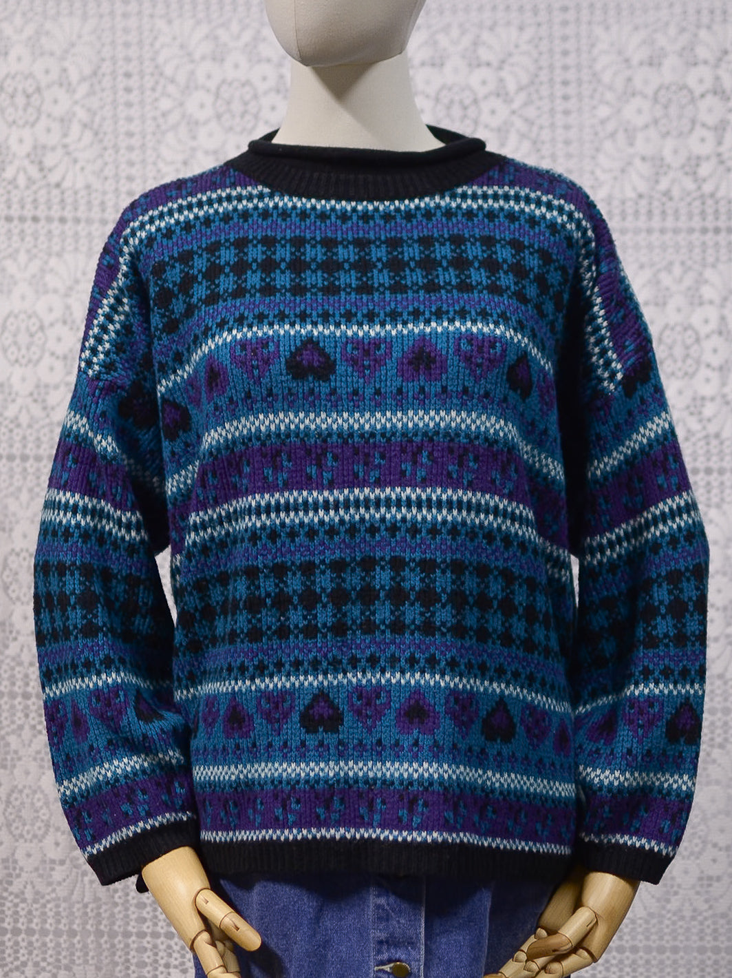 1990s Stefano black, turquoise and purple heart and stripe pattern jumper