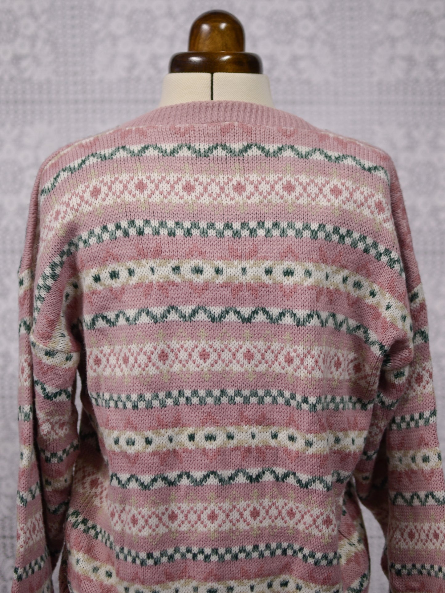 1980s pink and green fairisle style snowflake nordic cardigan