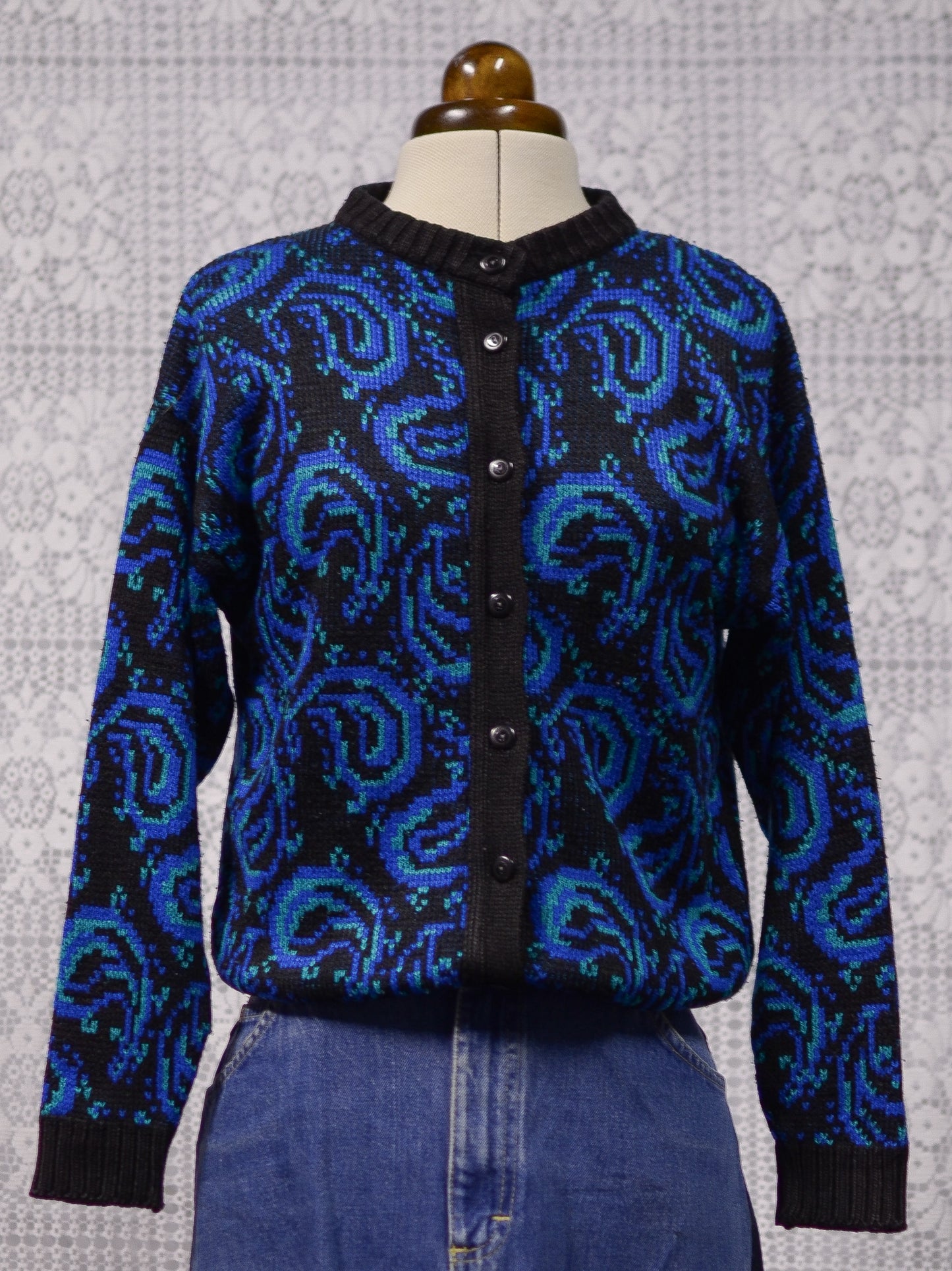 1980s St Michael black, blue and green paisley pattern button-through crew neck cardigan