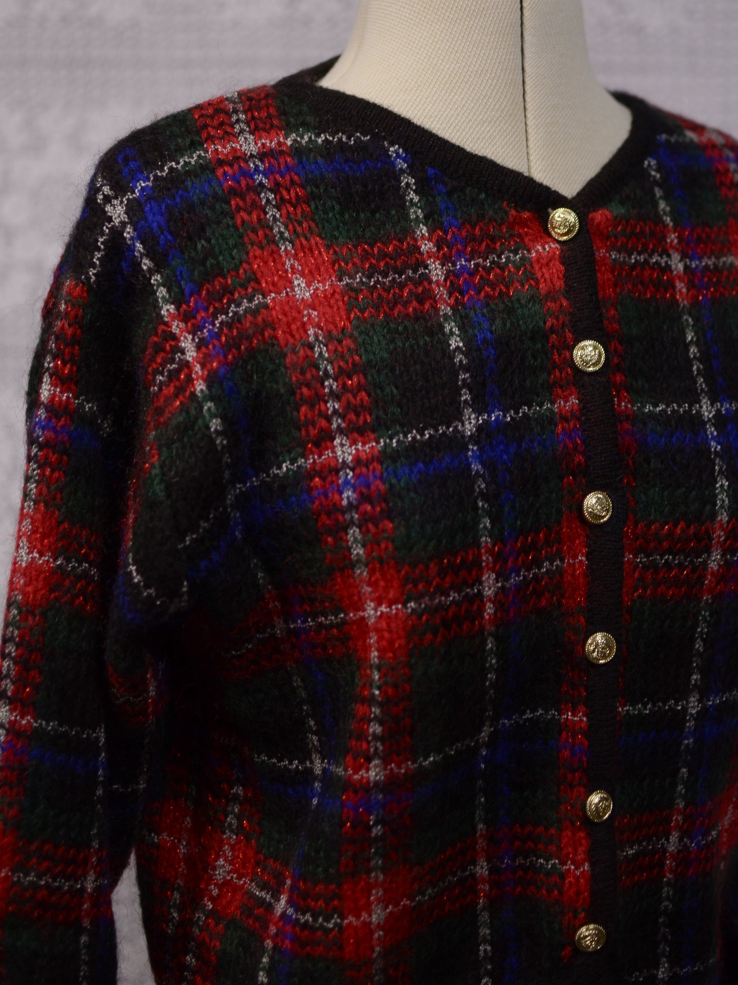 1980s red, green and blue tartan cropped cardigan