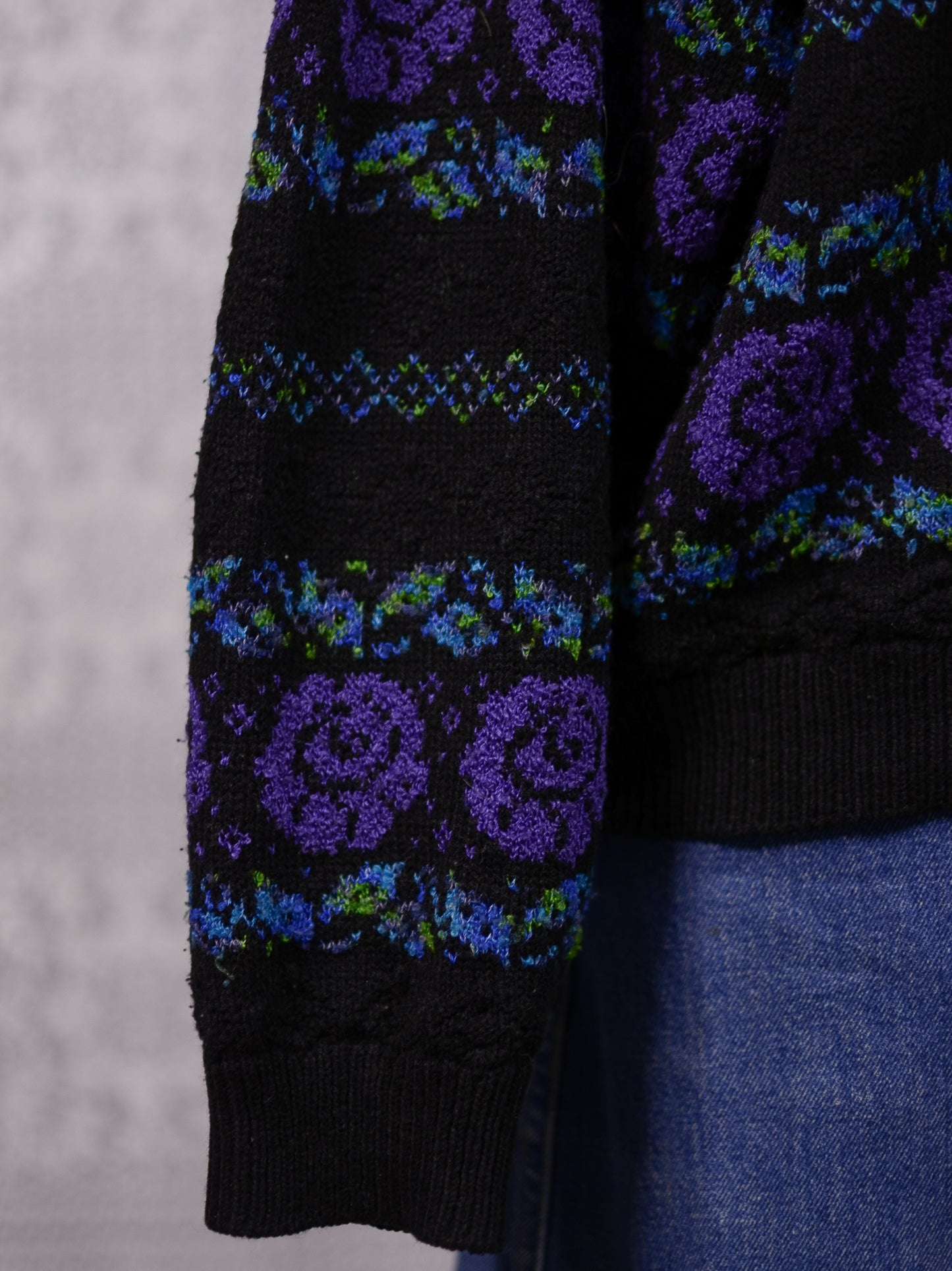 1980s black, purple and green rose floral and leaf pattern striped jumper