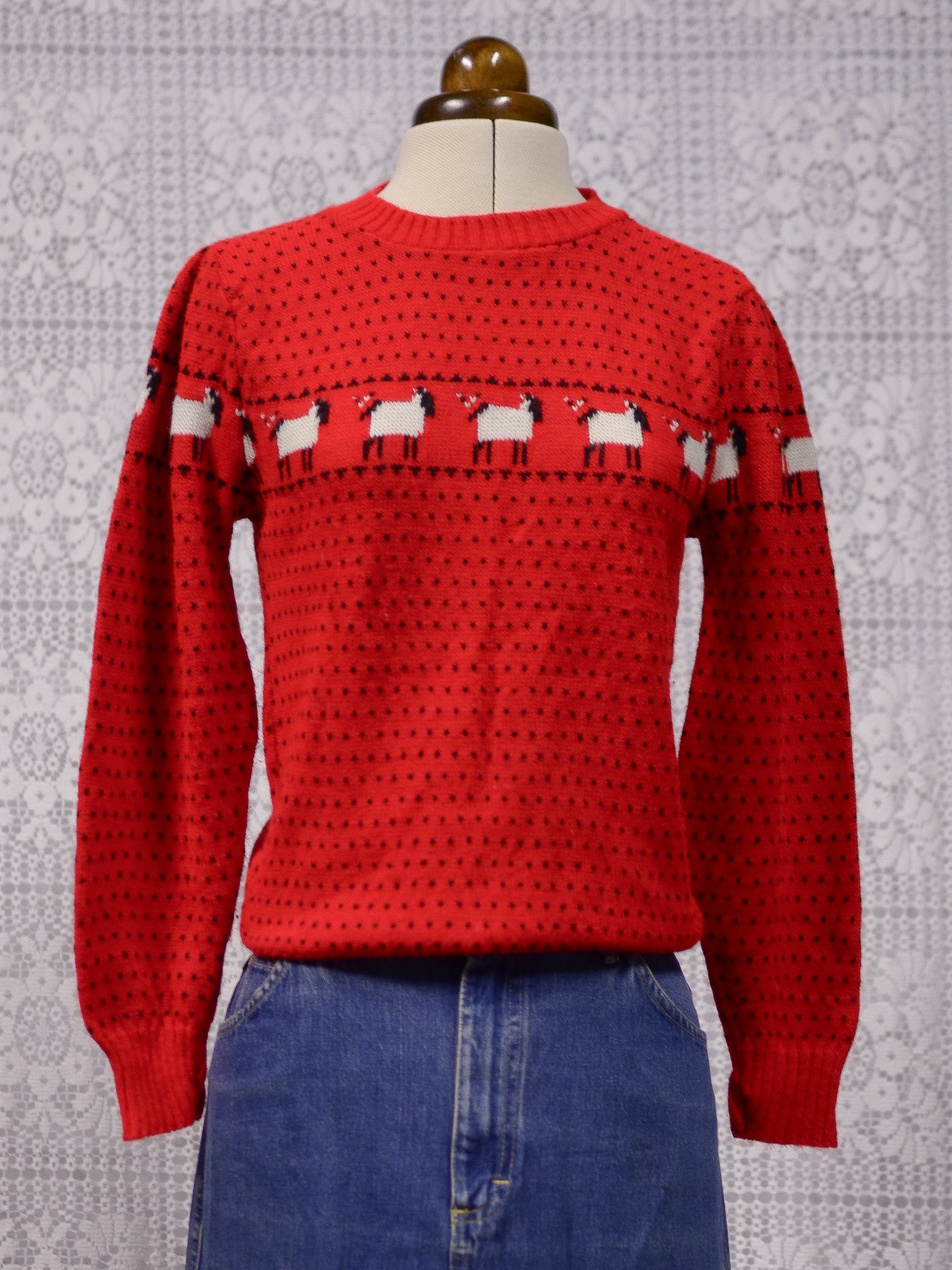 1970s red, white and black sheep and spotty pattern fitted jumper