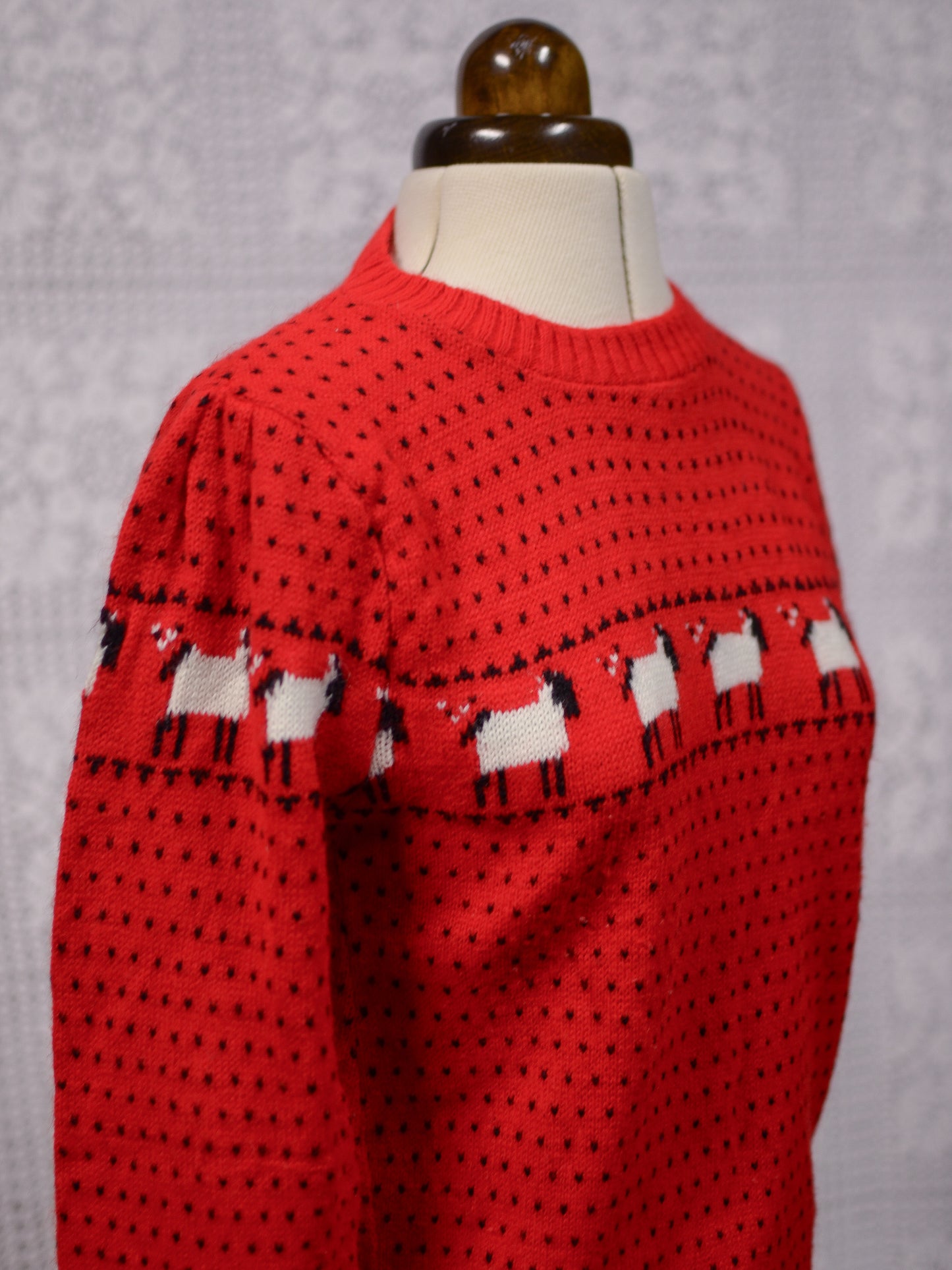 1970s red, white and black sheep and spotty pattern fitted jumper