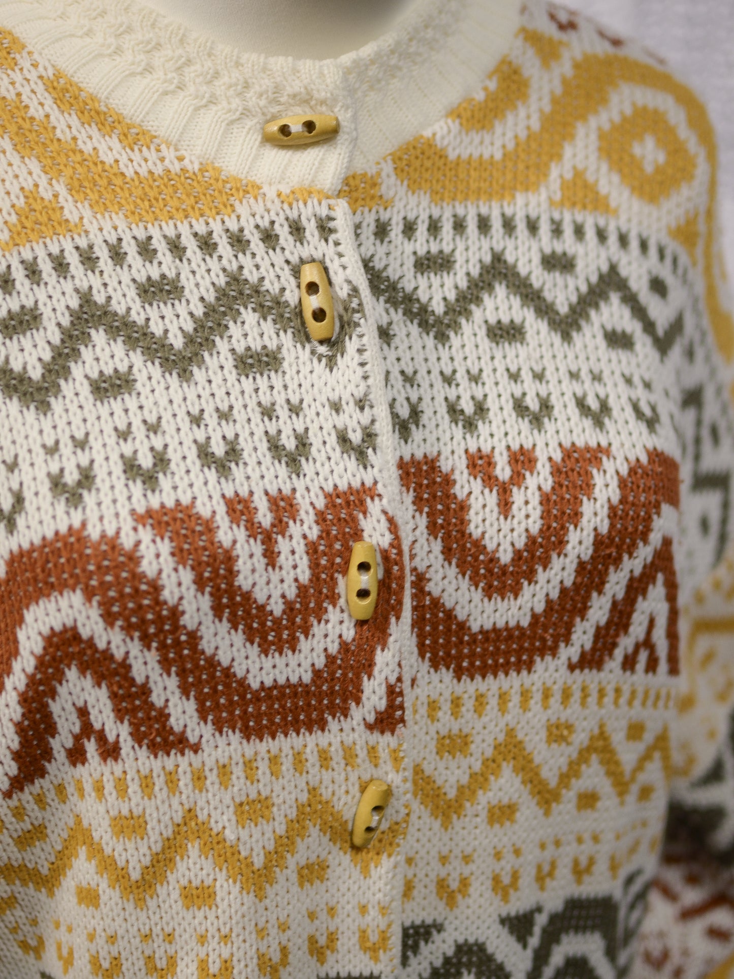 1980s Honeybells brown, green, mustard yellow and cream geometric pattern long cardigan