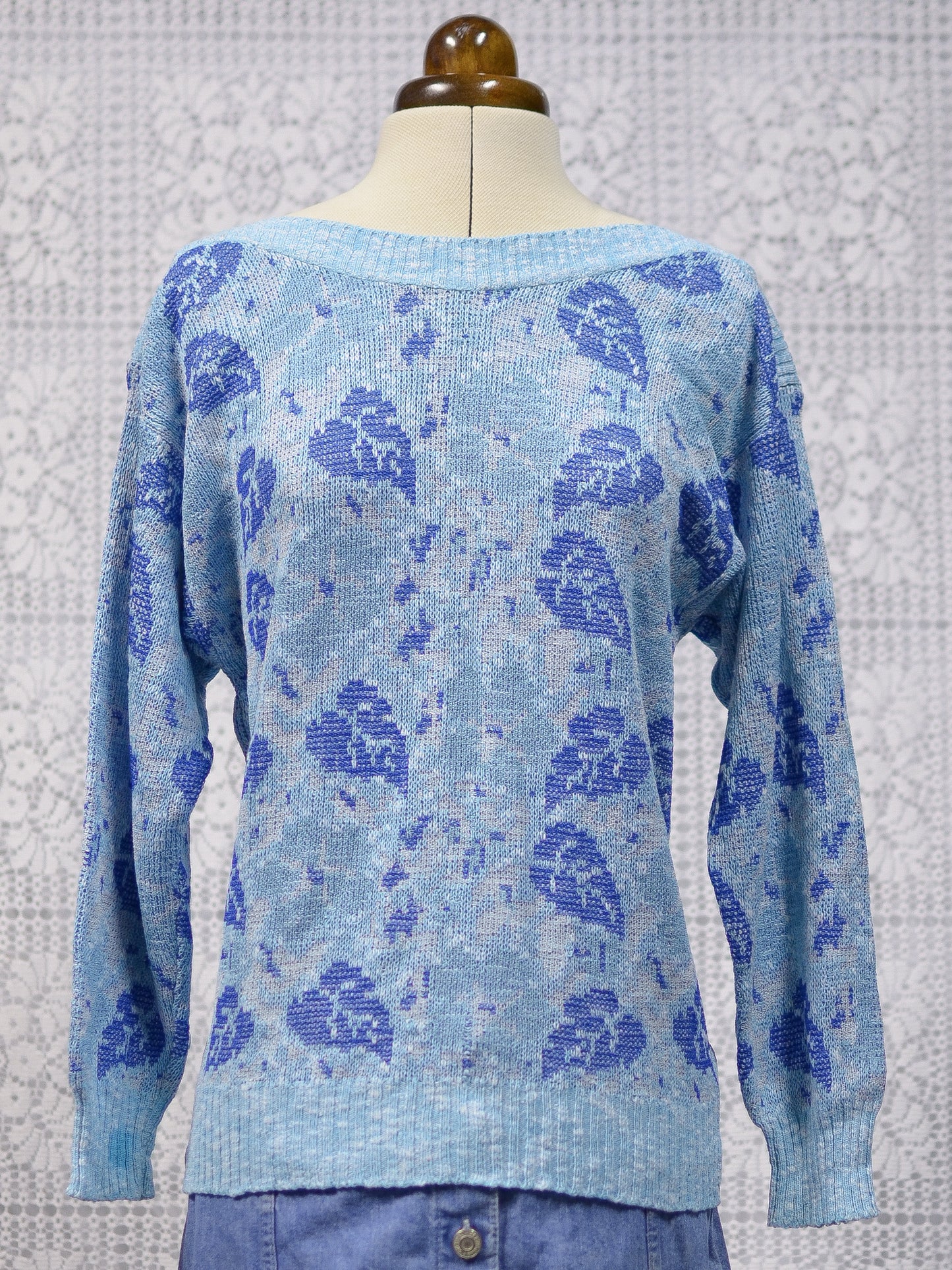 1980s blue monstera leaf pattern boat neck jumper