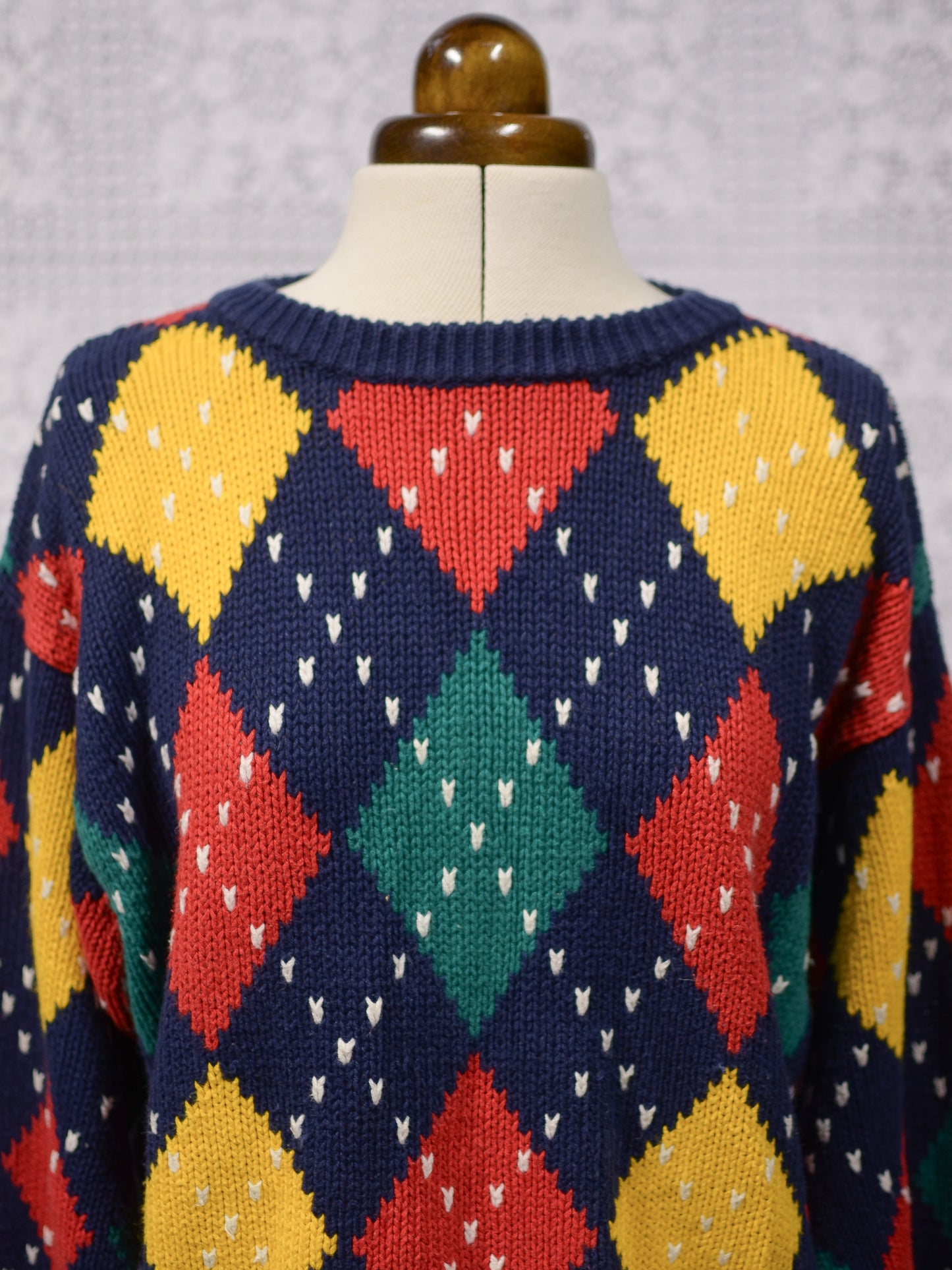 1990s Liz Claiborne navy blue, red, yellow and green argylle cotton jumper