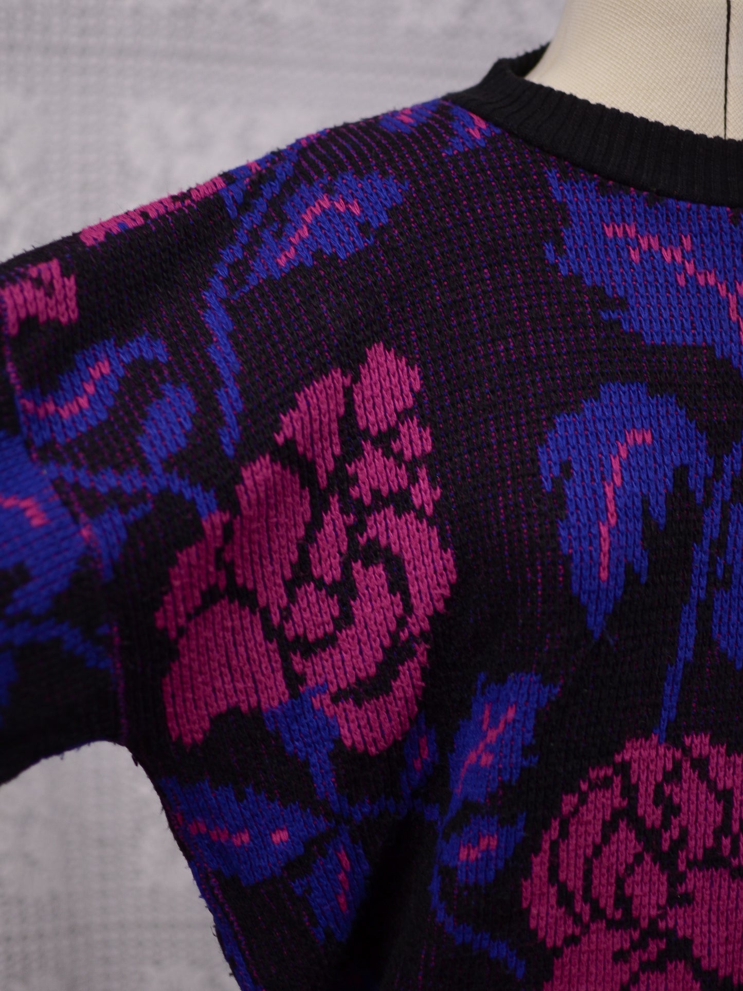 1980s black, purple and pink rose floral print batwing jumper