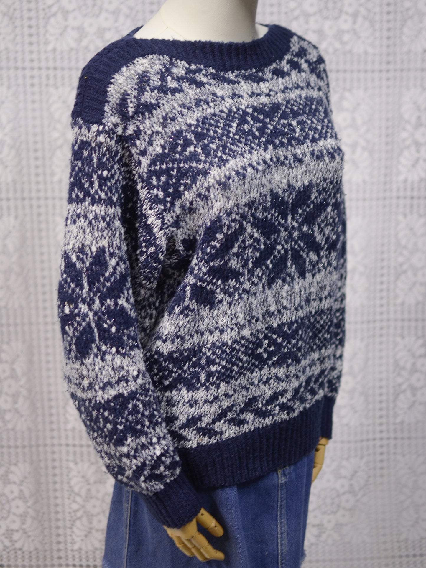 1980s C&A navy blue, white and silver snowflake festive jumper