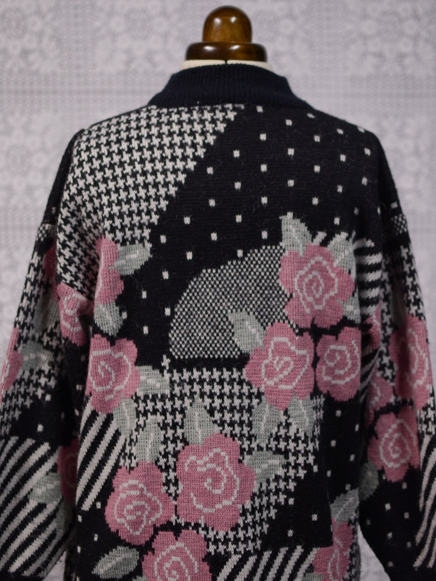 1980s Honey black, white and rose pink floral, polkadot and houndstooth long jumper