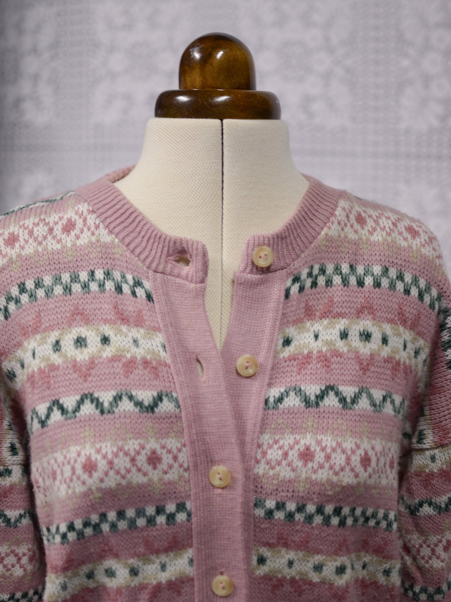 1980s pink and green fairisle style snowflake nordic cardigan