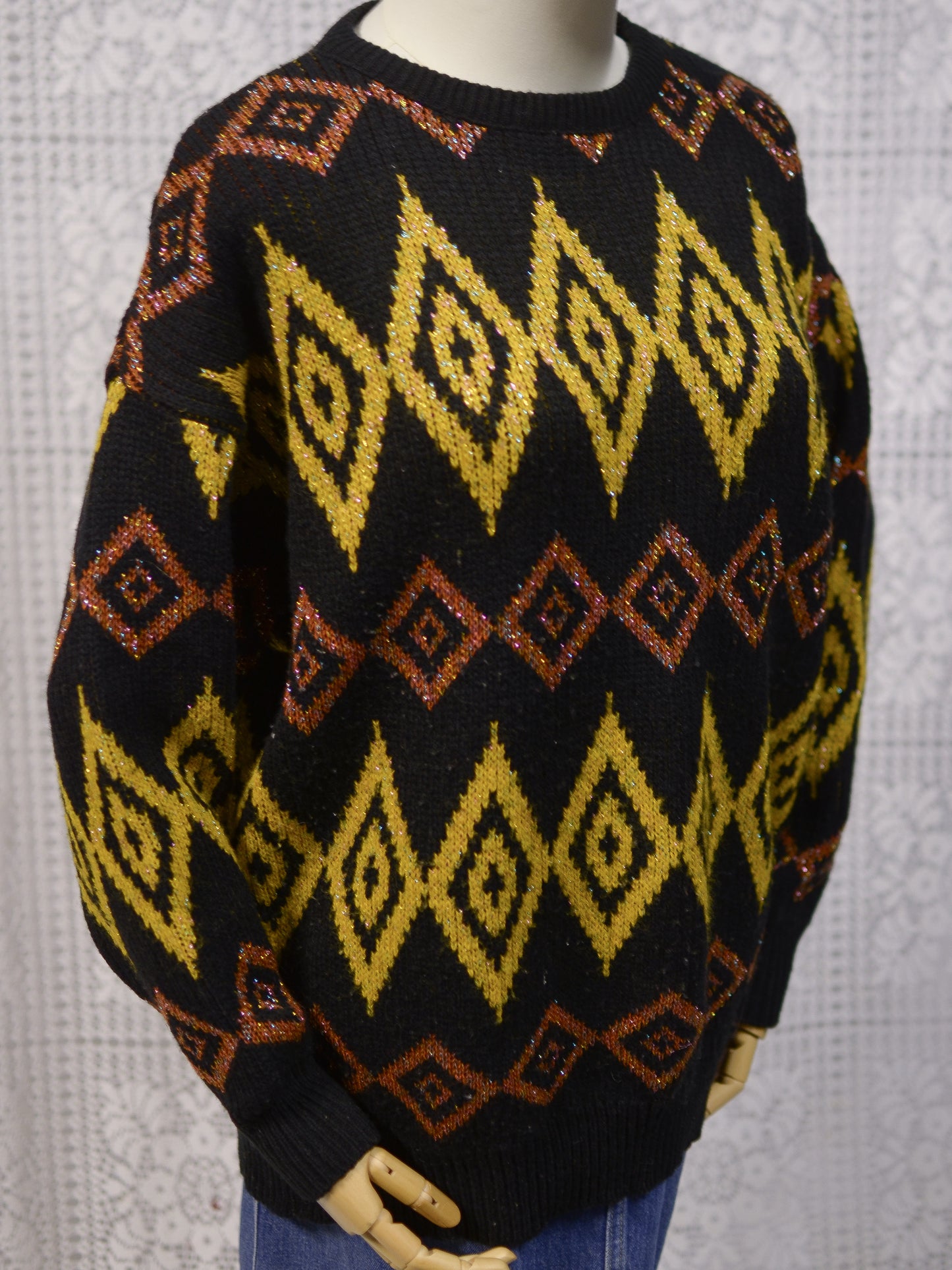 1980s black, yellow and brown sparkly geometric pattern jumper