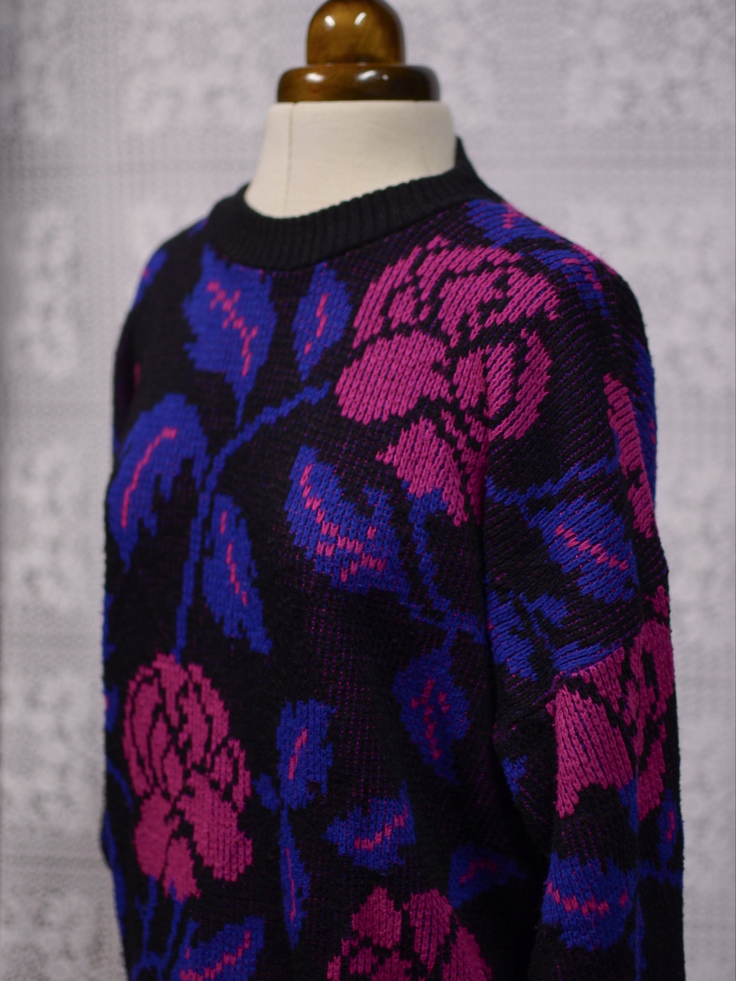 1980s black, purple and pink rose floral print batwing jumper