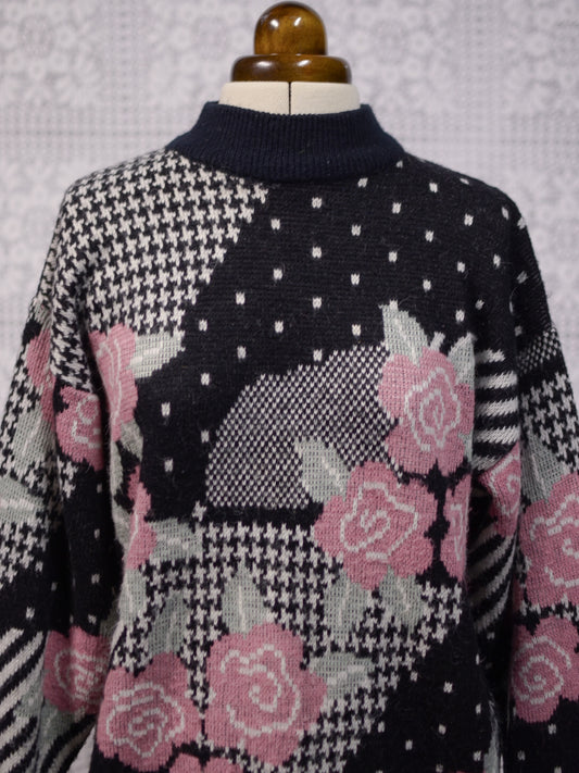 1980s Honey black, white and rose pink floral, polkadot and houndstooth long jumper