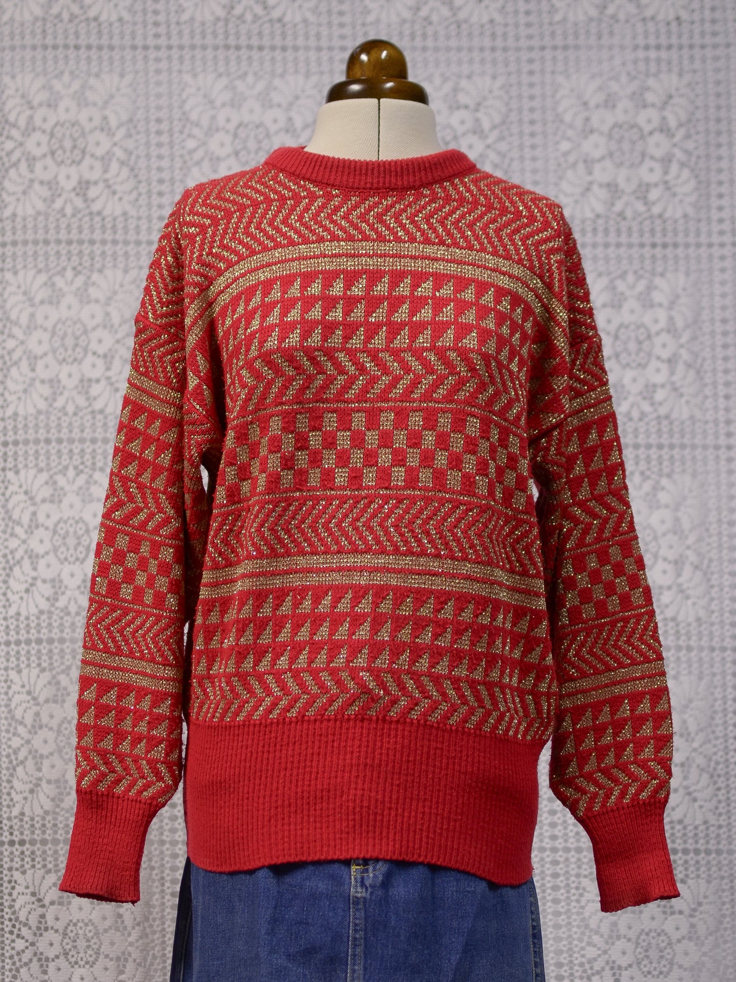 1980s red and gold batwing festive geometric striped jumper