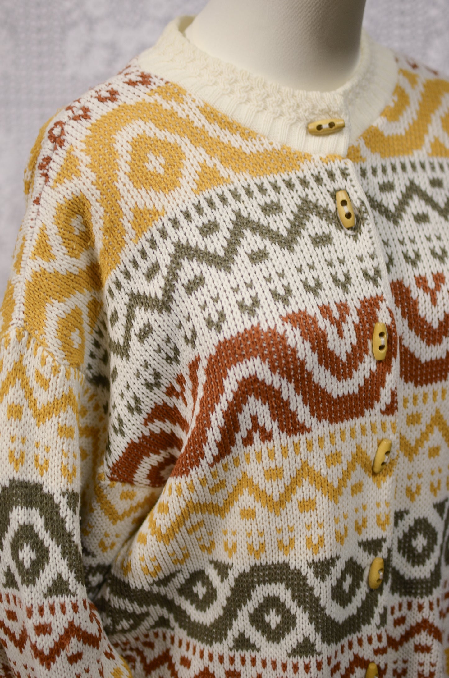 1980s Honeybells brown, green, mustard yellow and cream geometric pattern long cardigan