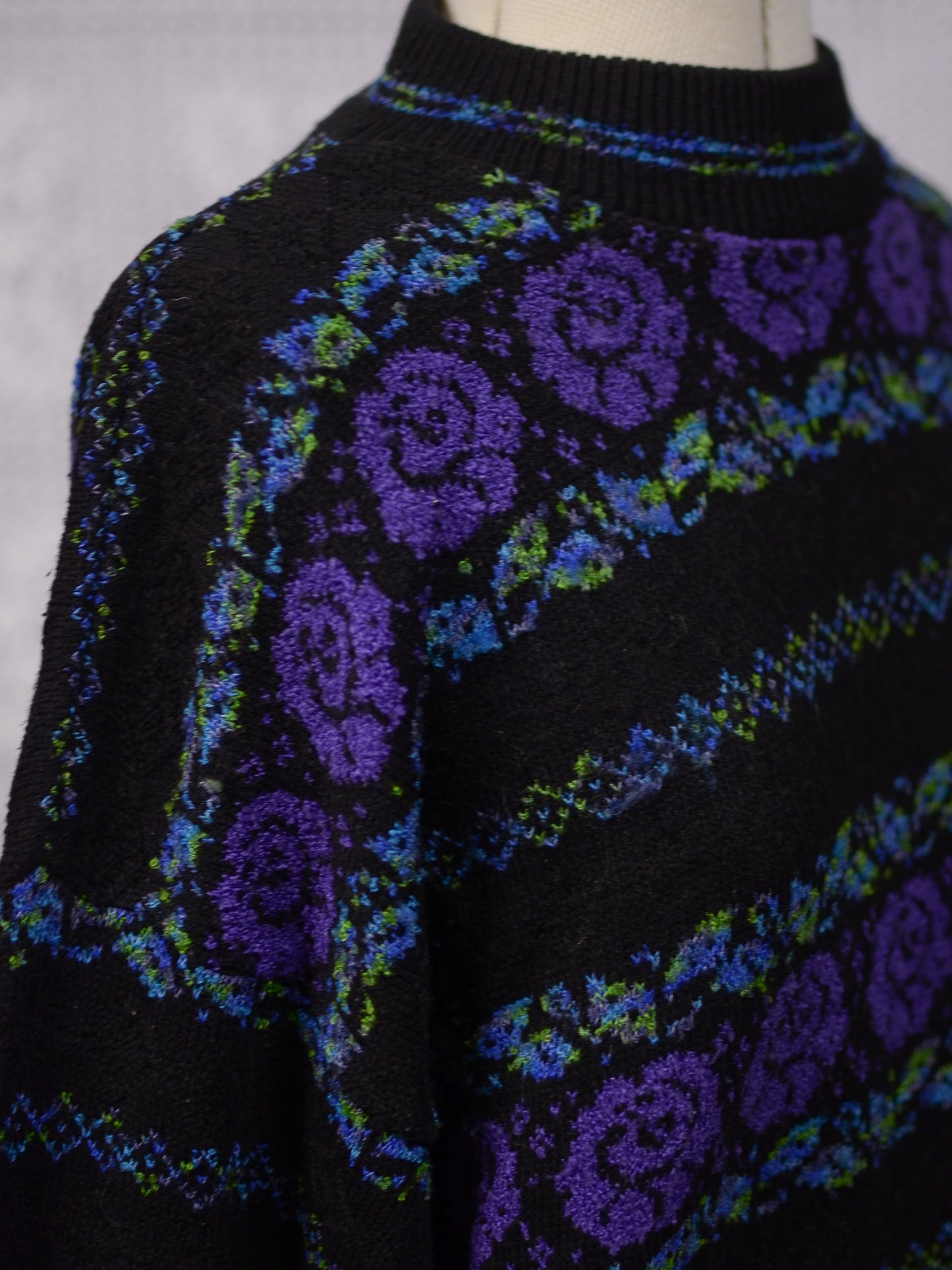 1980s black, purple and green rose floral and leaf pattern striped jumper