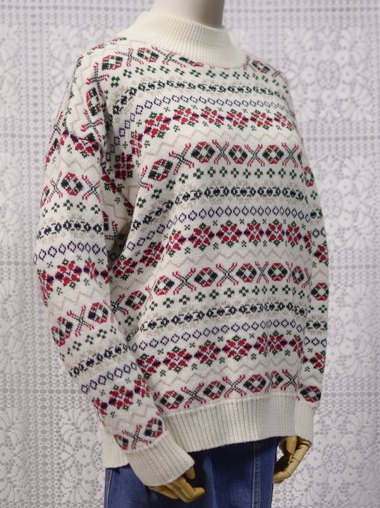 1990s C&A cream, red and green nordic pattern festive jumper