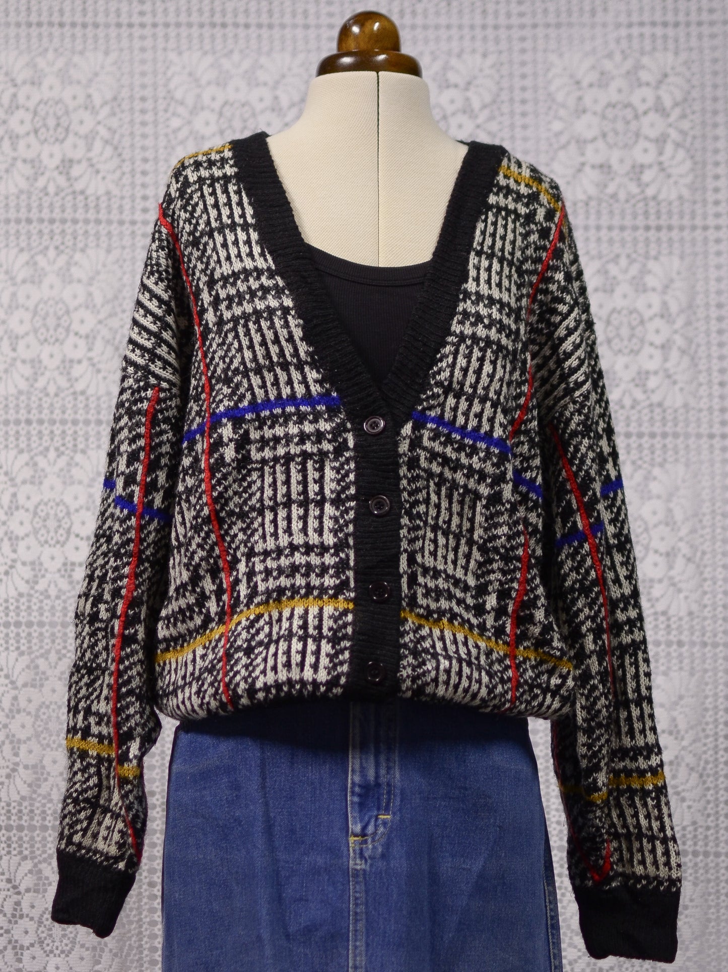 1980s black and white houndstooth check colourful slouchy v-neck cardigan