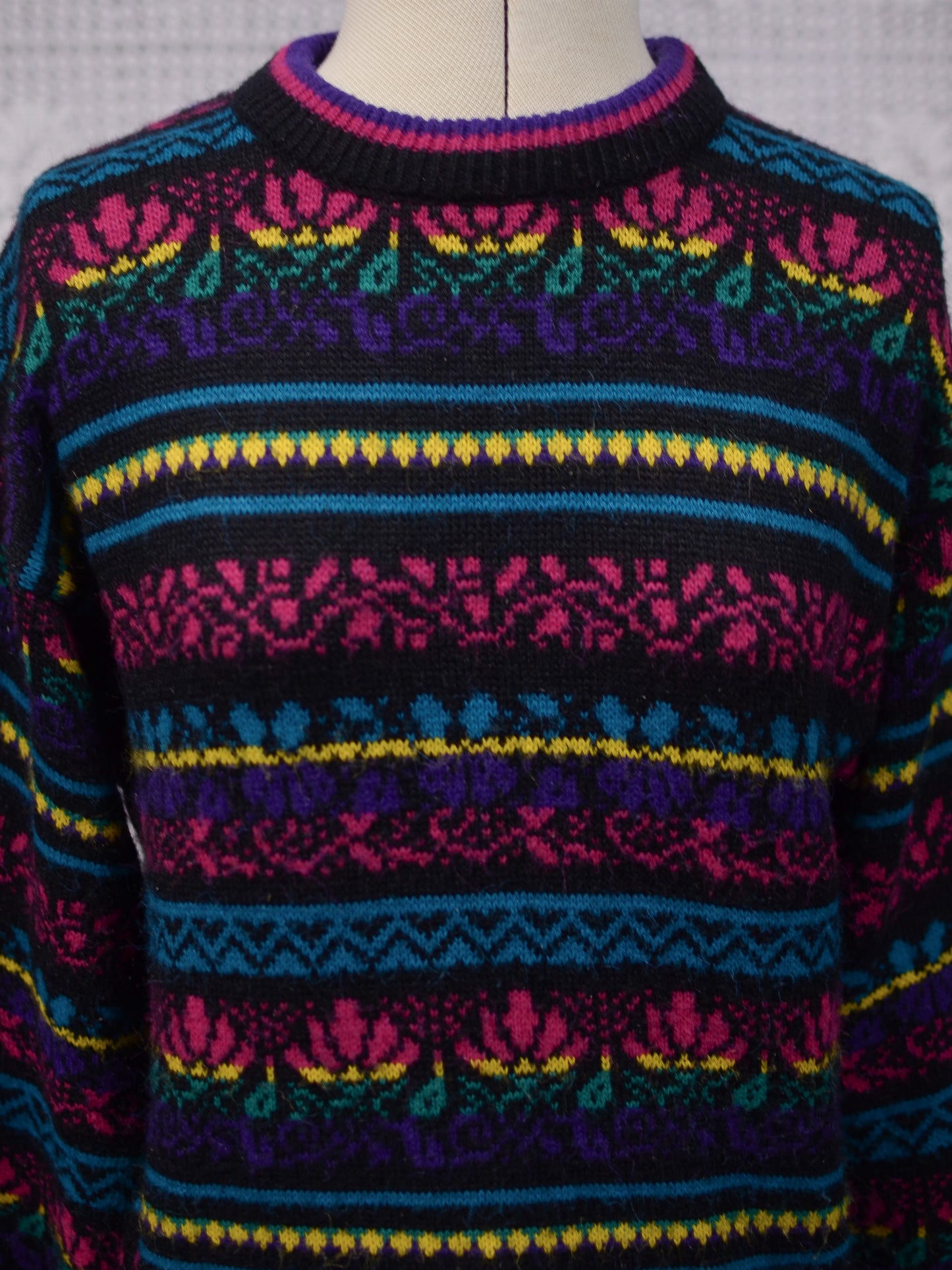 1980s C&A black, pink, yellow, purple and blue colourful floral stripe jumper