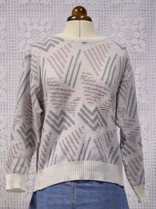 1980s white, grey and pink metallic geometric pattern jumper