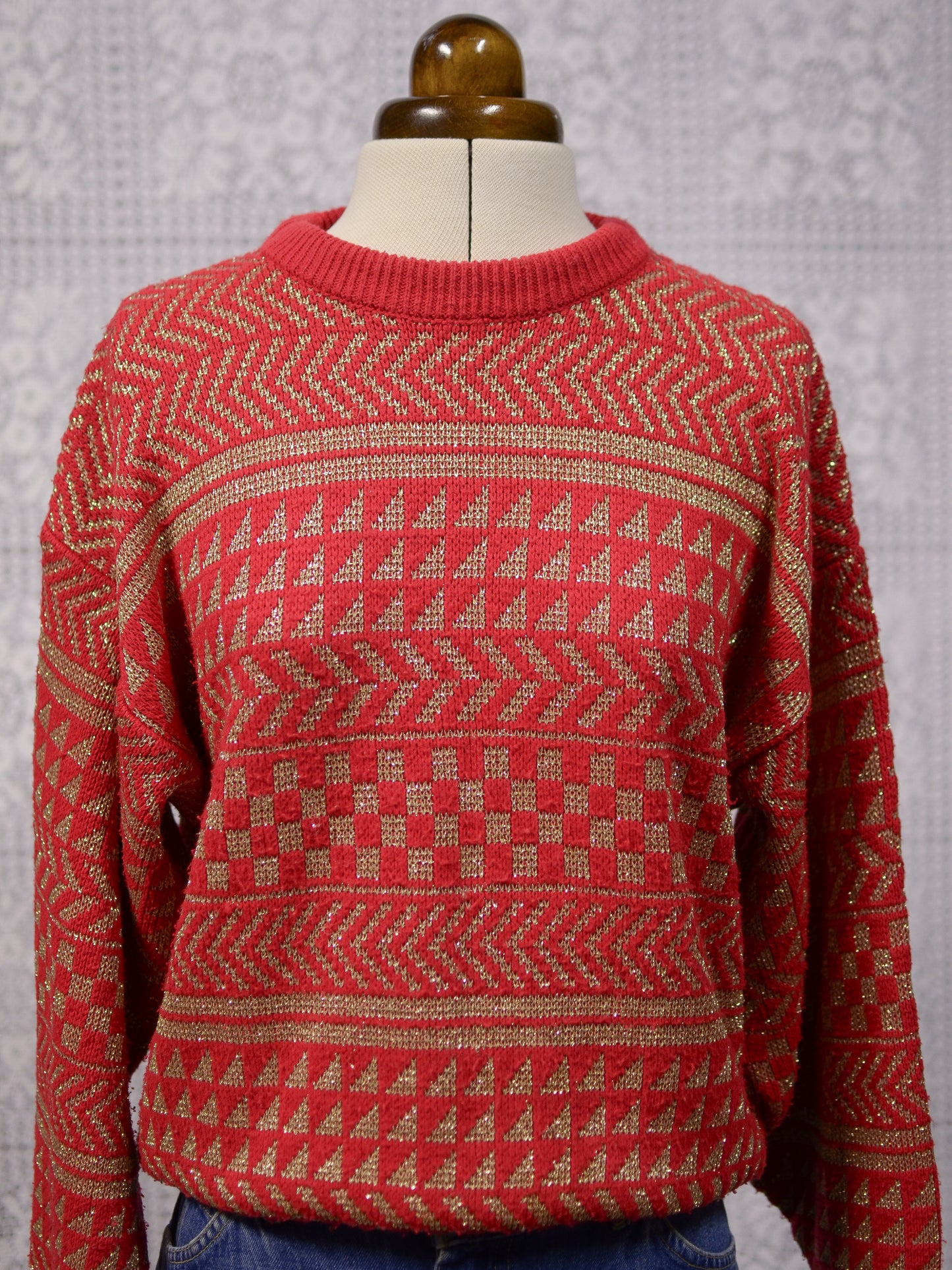 1980s red and gold batwing festive geometric striped jumper