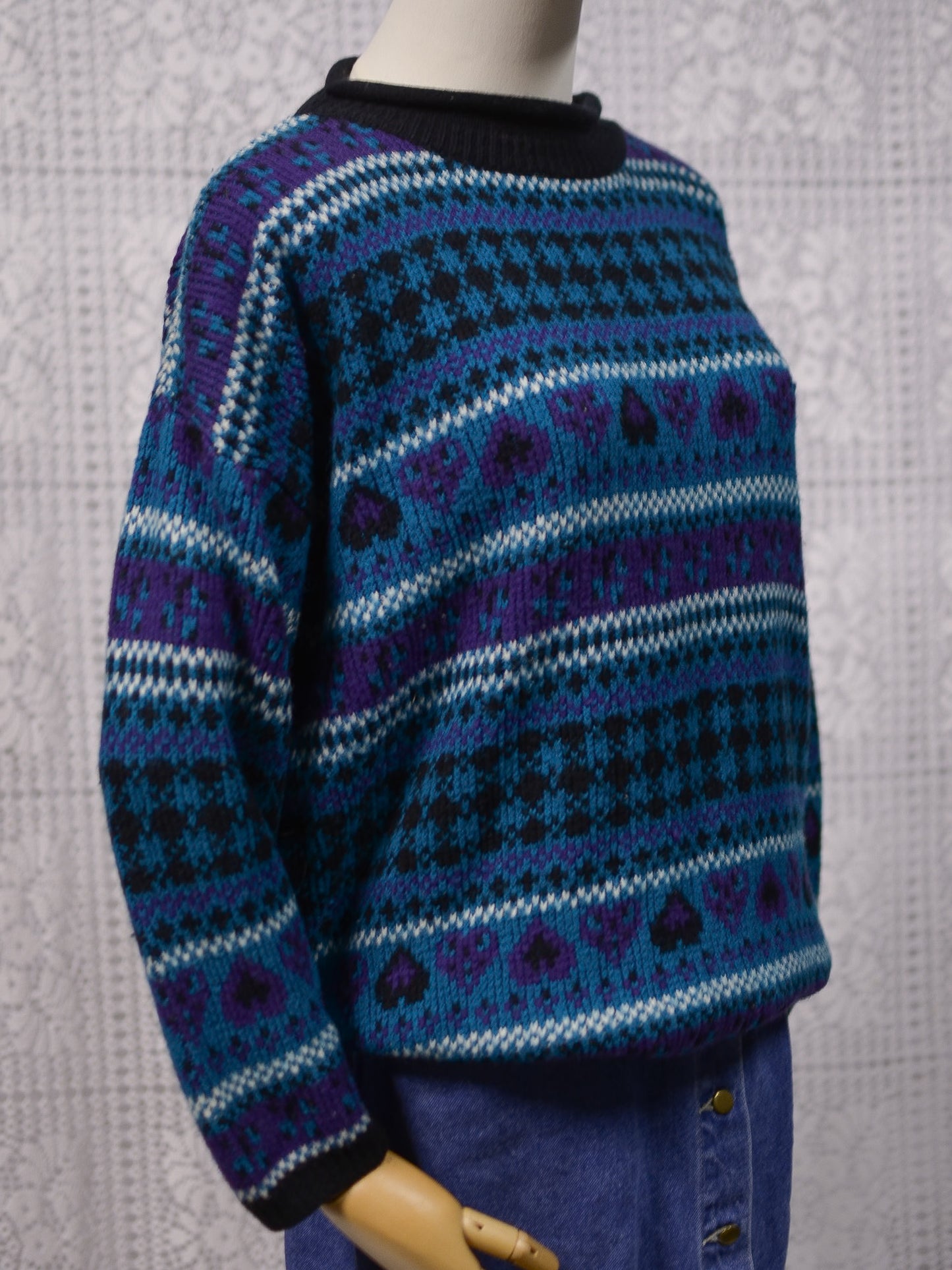 1990s Stefano black, turquoise and purple heart and stripe pattern jumper