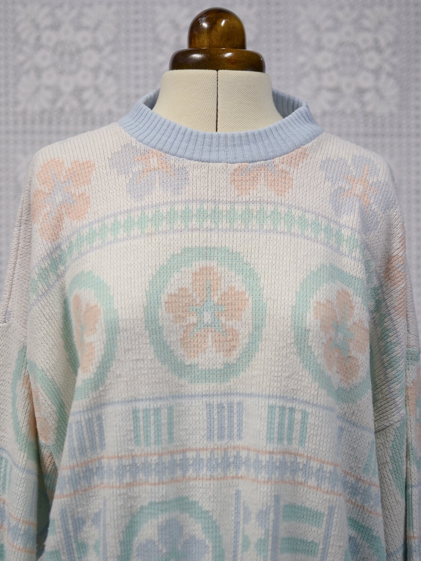 1990s white, blue, green and peach geometric floral jumper