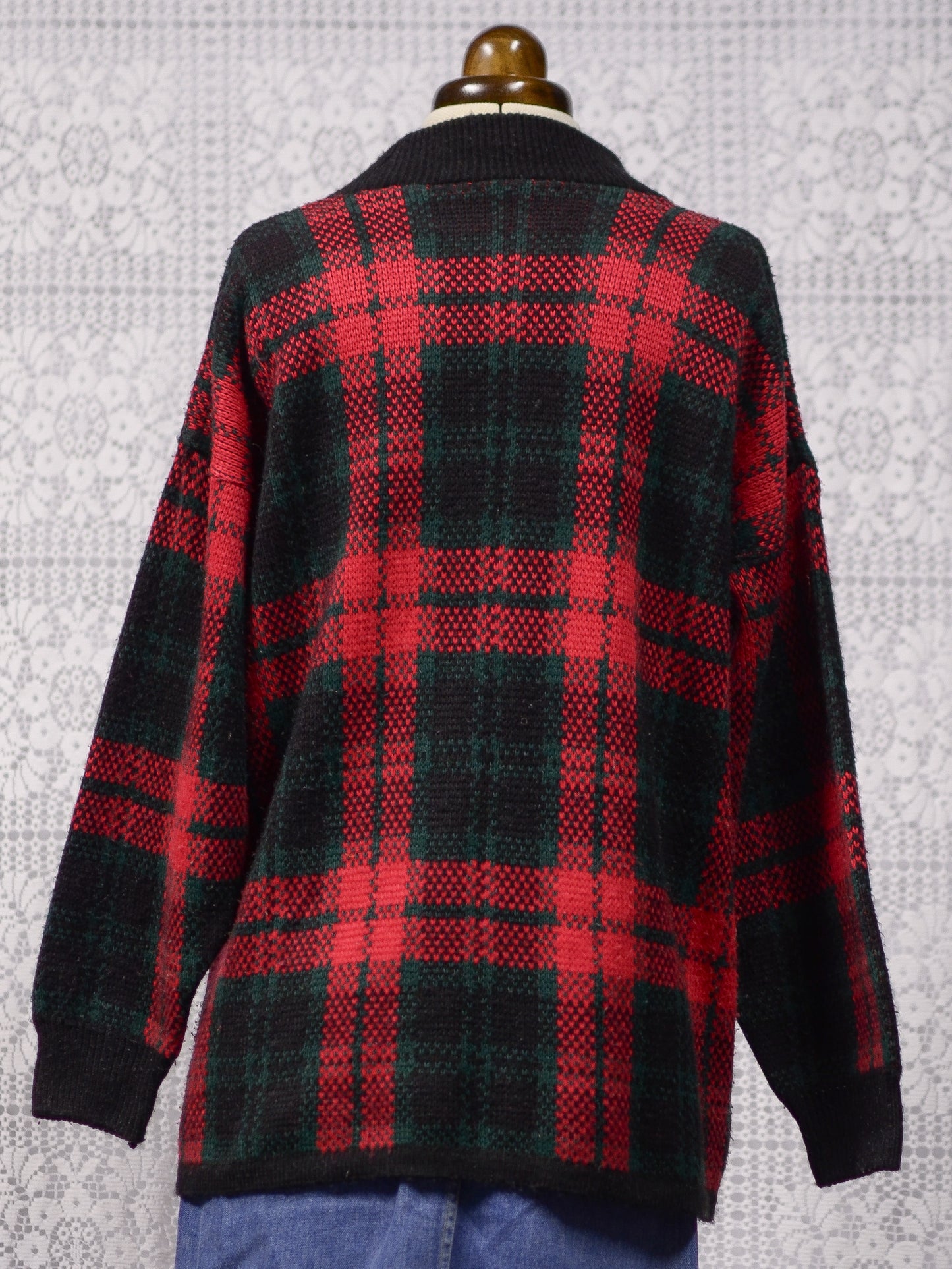 1980s C&A red, green and black tartan checked jumper