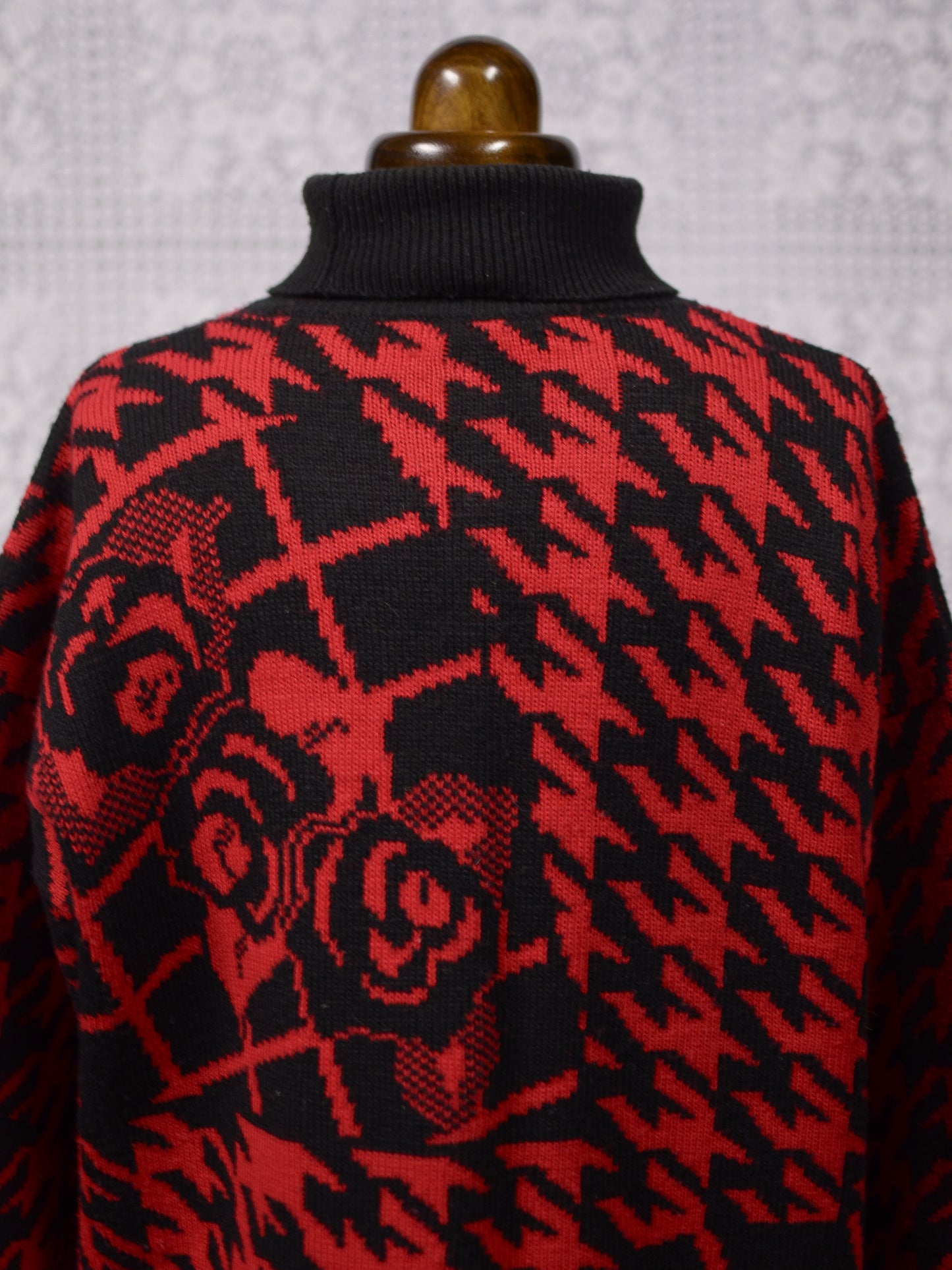 1990s St Michael red and black houndstooth and rose pattern long roll neck jumper