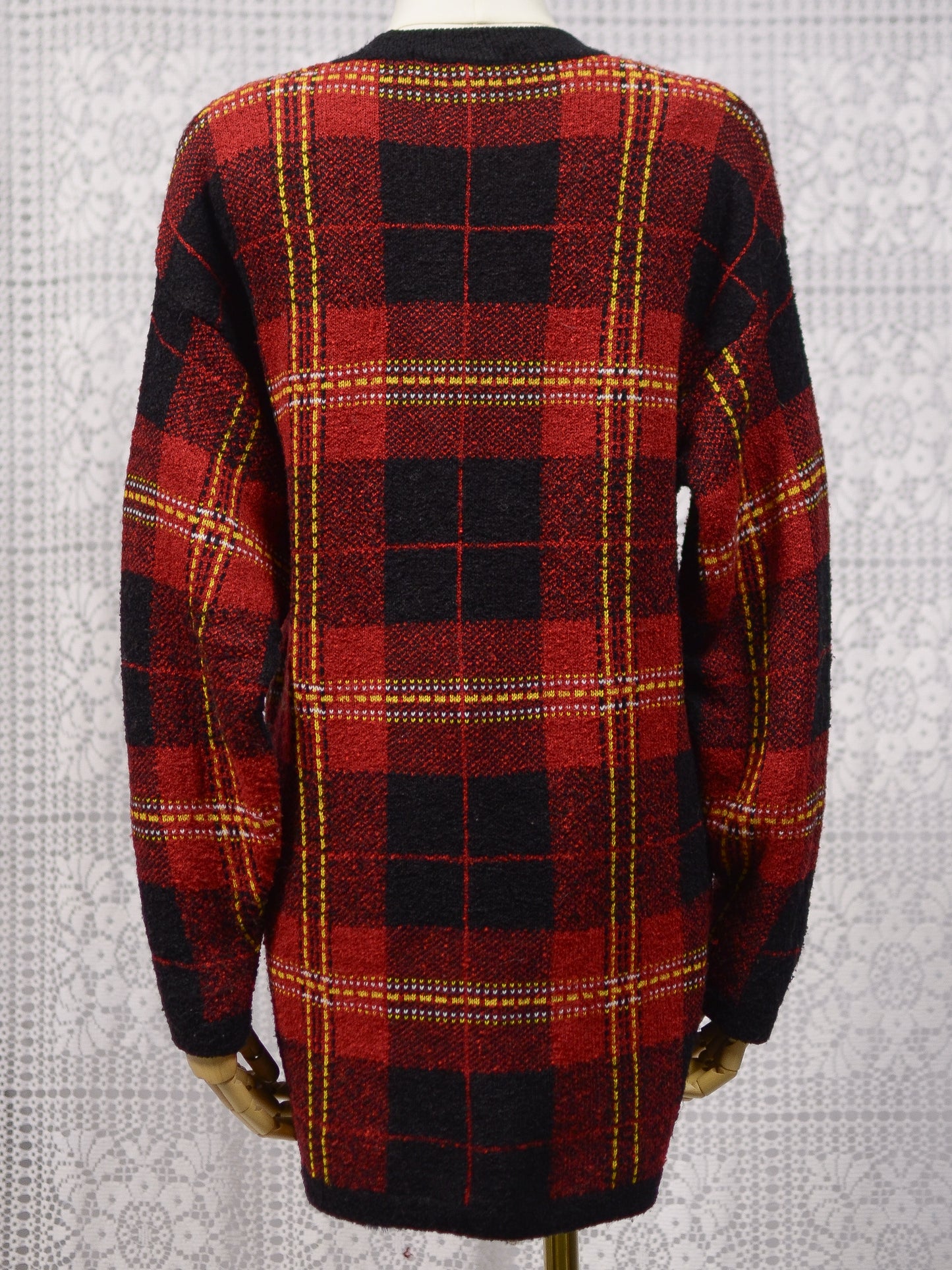 Y2K St Michael red, black and yellow tartan long jumper