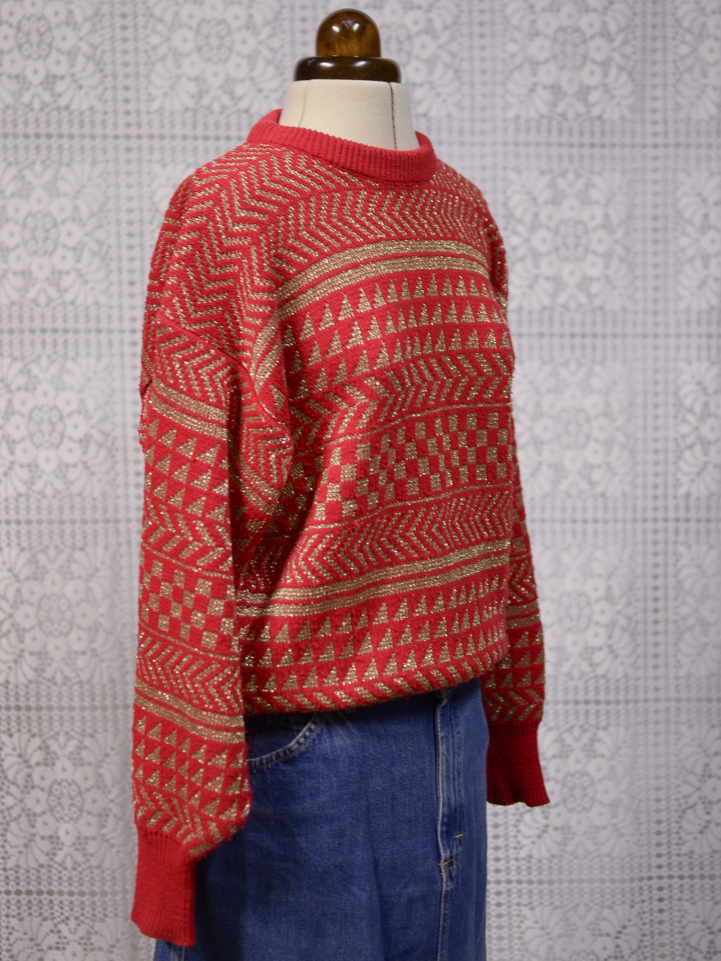 1980s red and gold batwing festive geometric striped jumper