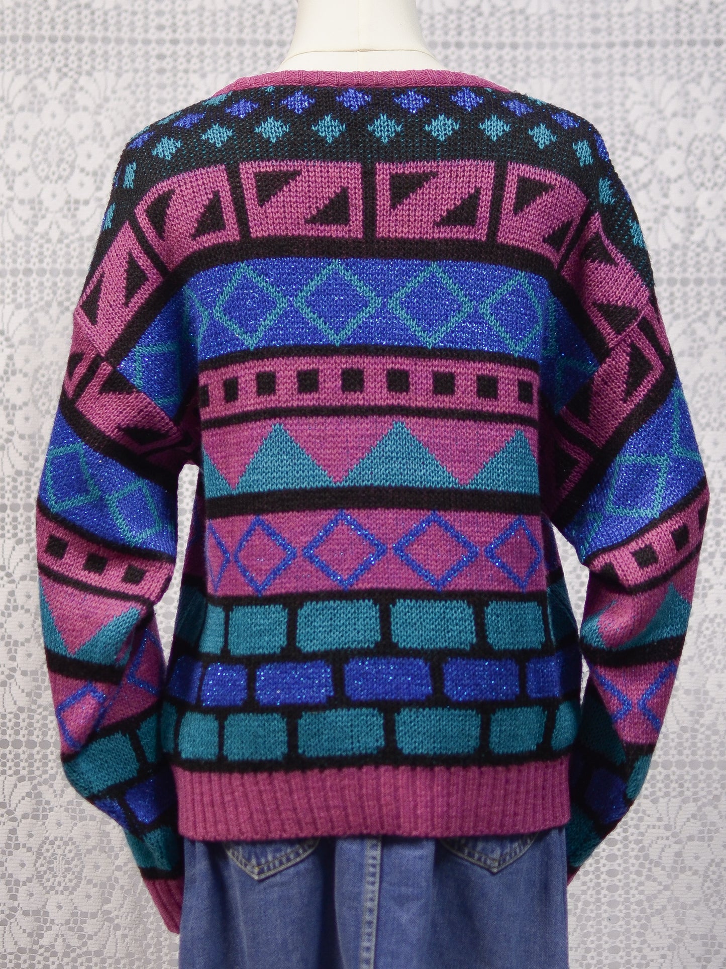 1980s C&A pink, green and blue sparkly patterned jumper